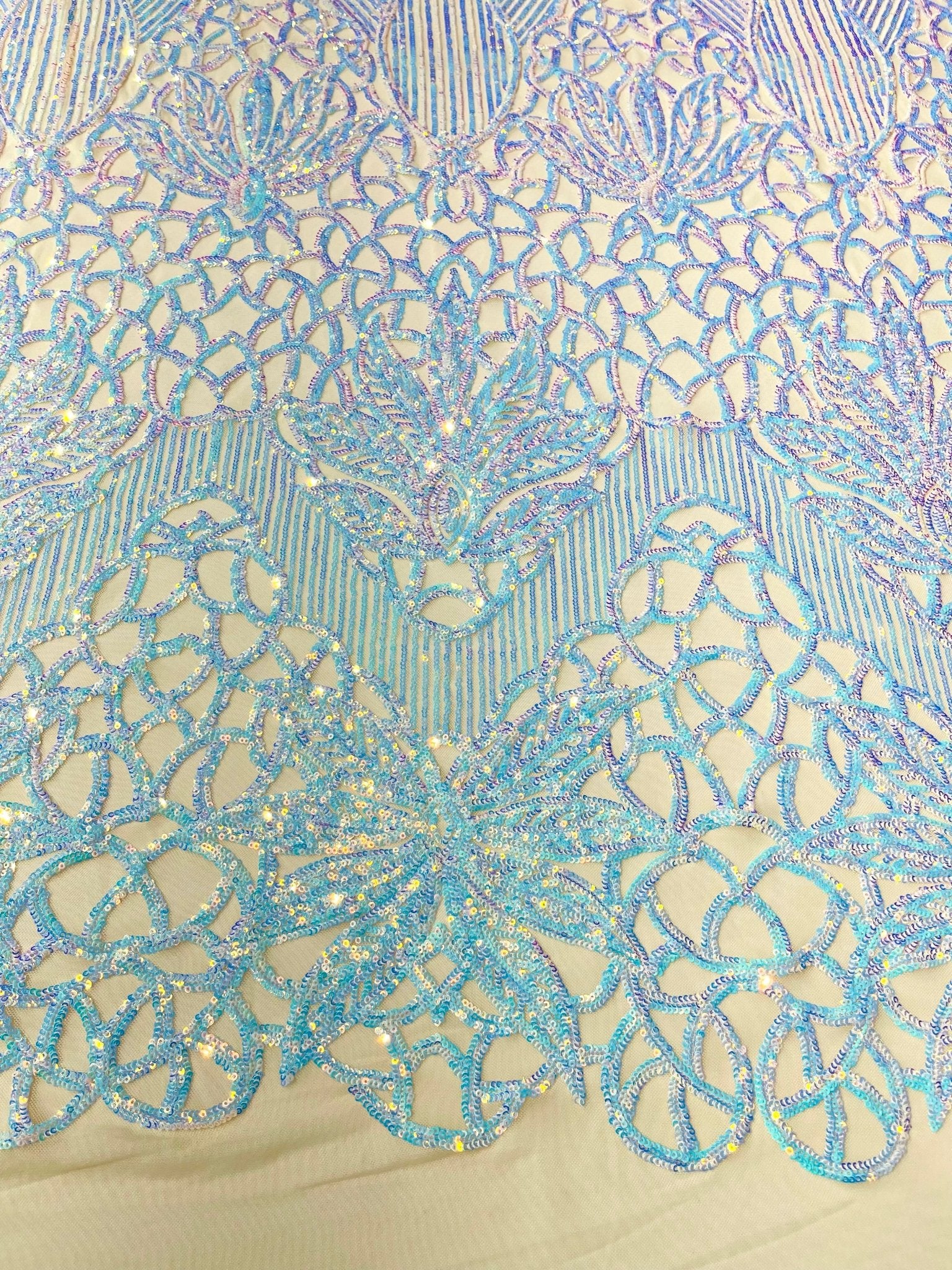 Feather Damask Shiny Sequin Design on a 4 Way Stretch mesh Fabric - Prom Night - Sold by The Yard. - New Creations Fabric & Foam Inc