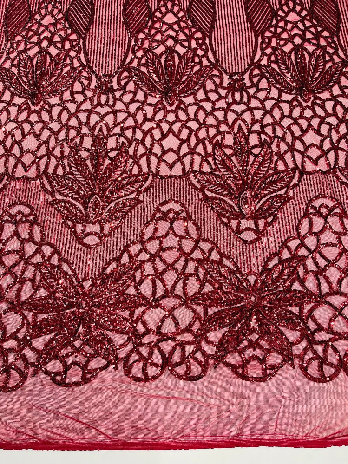 Feather Damask Shiny Sequin Design on a 4 Way Stretch mesh Fabric - Prom Night - Sold by The Yard. - New Creations Fabric & Foam Inc