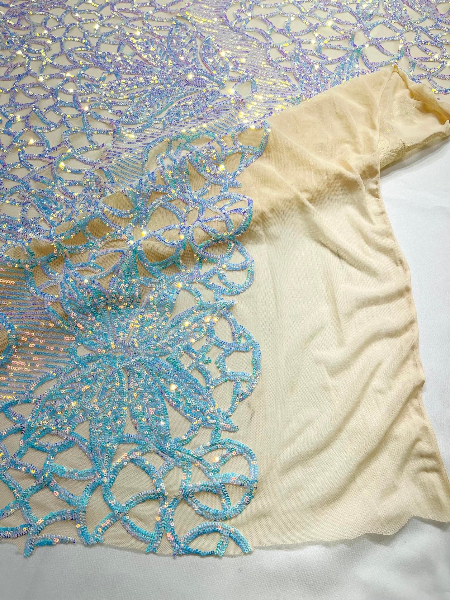 Feather Damask Shiny Sequin Design on a 4 Way Stretch mesh Fabric - Prom Night - Sold by The Yard. - New Creations Fabric & Foam Inc