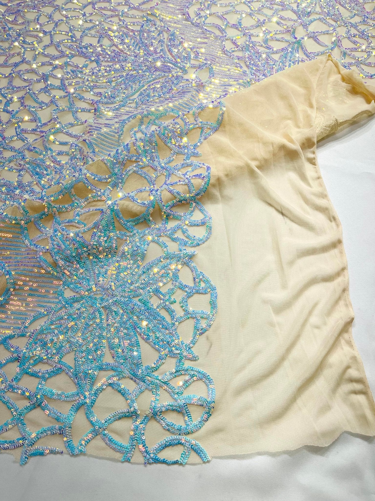 Feather Damask Shiny Sequin Design on a 4 Way Stretch mesh Fabric - Prom Night - Sold by The Yard. - New Creations Fabric & Foam Inc