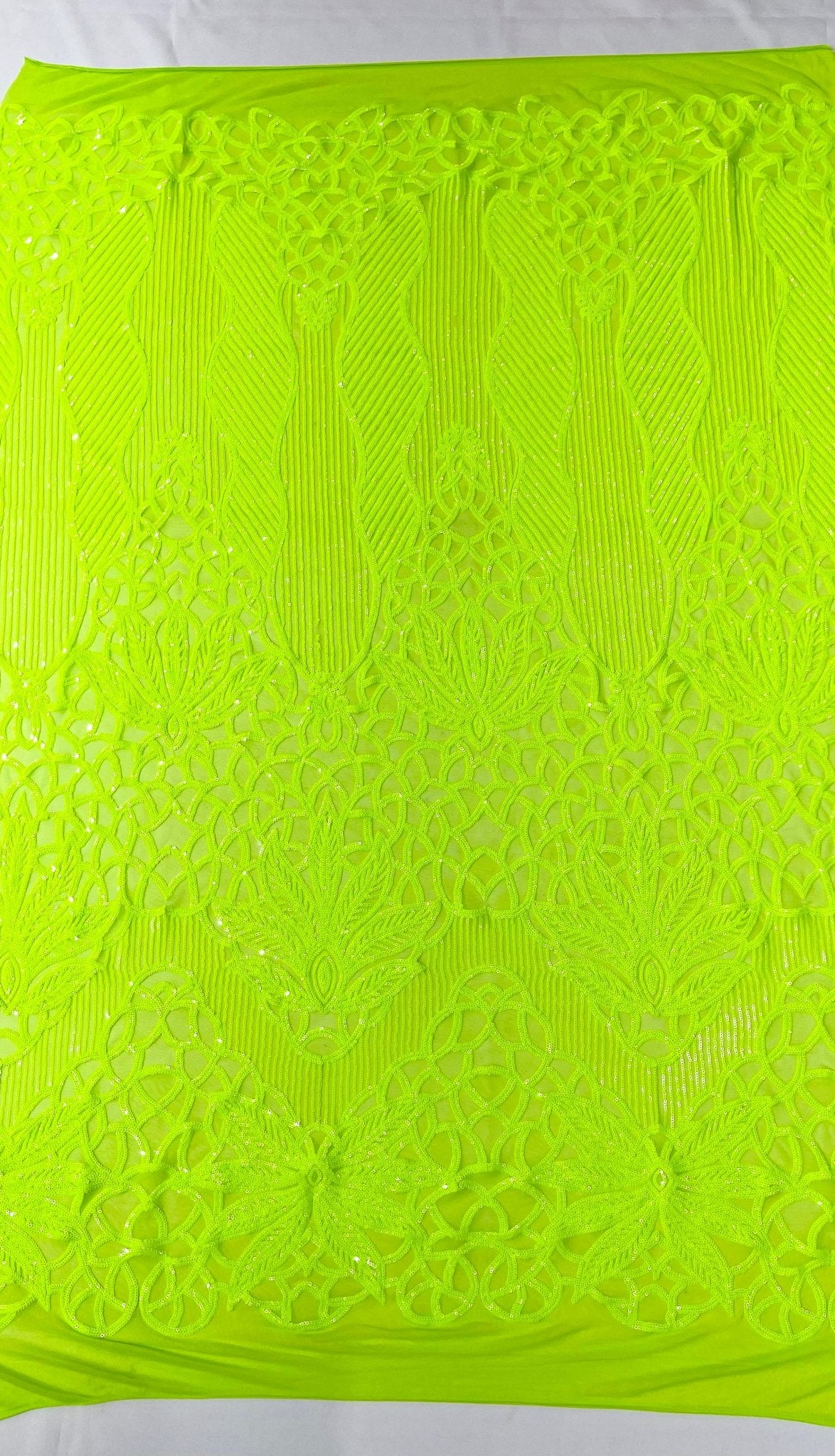 Feather Damask Shiny Sequin Design on a 4 Way Stretch mesh Fabric - Prom Night - Sold by The Yard. - New Creations Fabric & Foam Inc