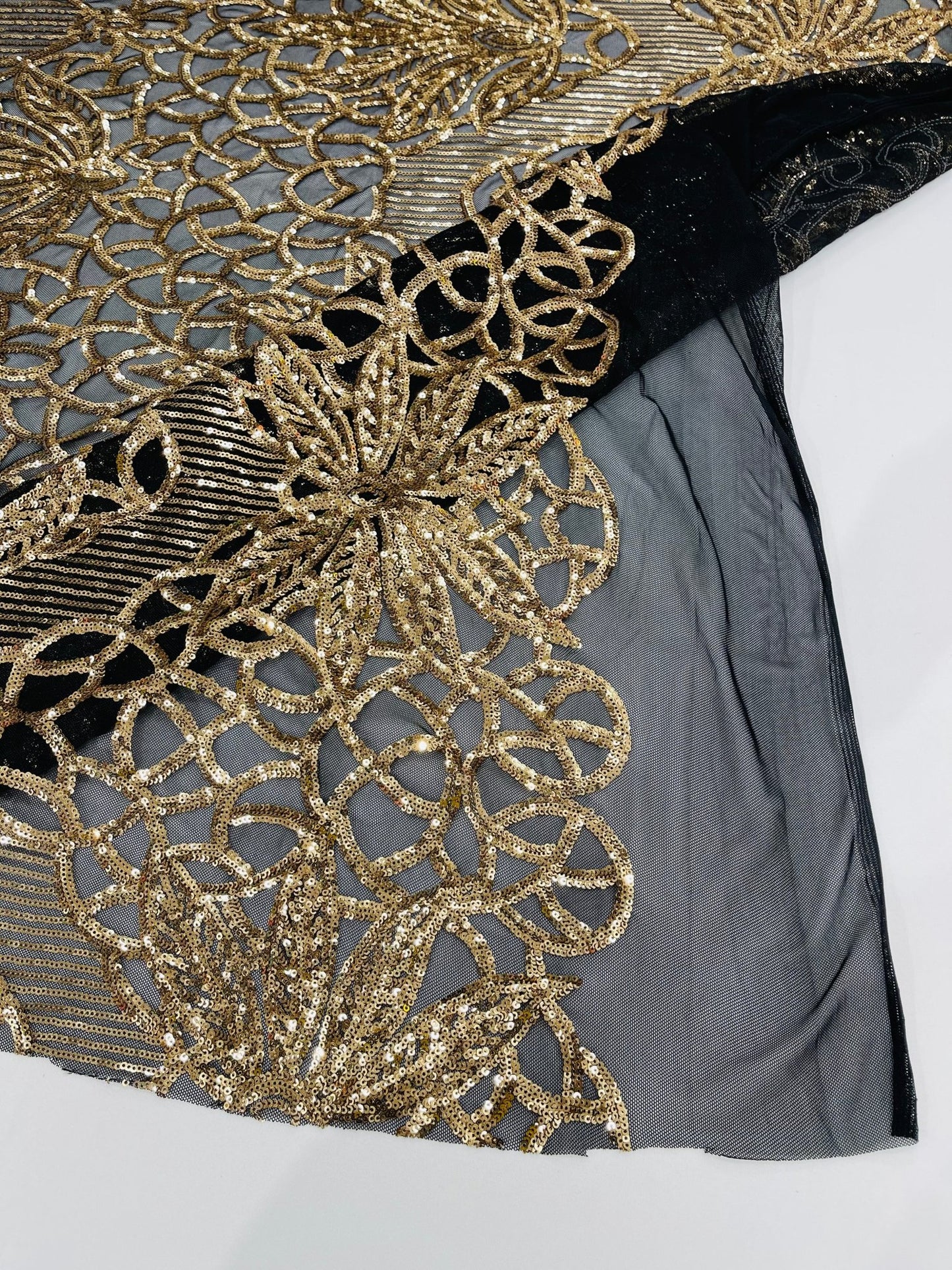 Feather Damask Shiny Sequin Design on a 4 Way Stretch mesh Fabric - Prom Night - Sold by The Yard. - New Creations Fabric & Foam Inc