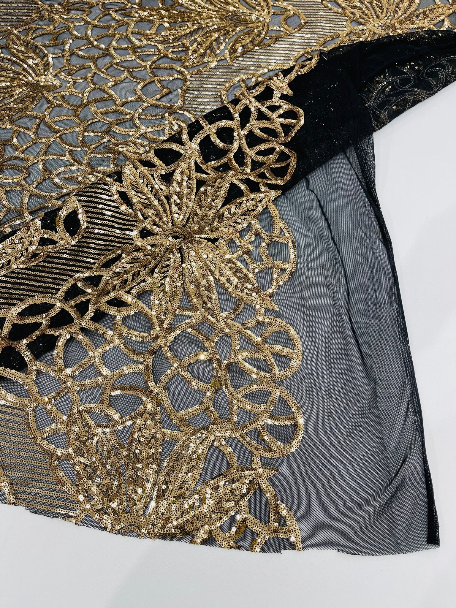 Feather Damask Shiny Sequin Design on a 4 Way Stretch mesh Fabric - Prom Night - Sold by The Yard. - New Creations Fabric & Foam Inc