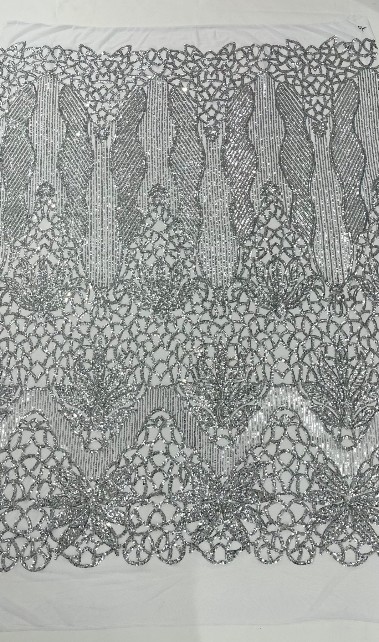 Feather Damask Shiny Sequin Design on a 4 Way Stretch mesh Fabric - Prom Night - Sold by The Yard. - New Creations Fabric & Foam Inc