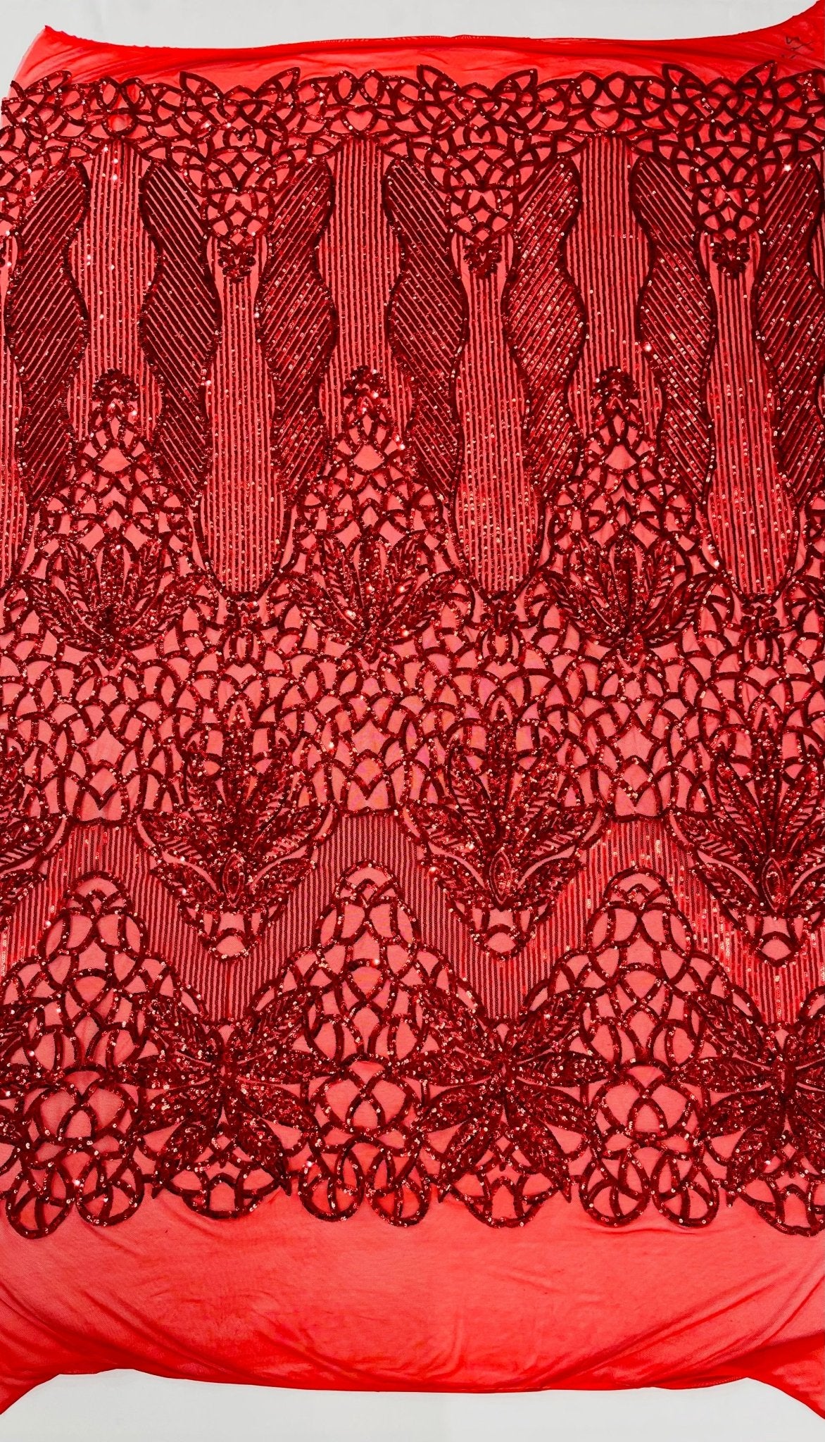 Feather Damask Shiny Sequin Design on a 4 Way Stretch mesh Fabric - Prom Night - Sold by The Yard. - New Creations Fabric & Foam Inc