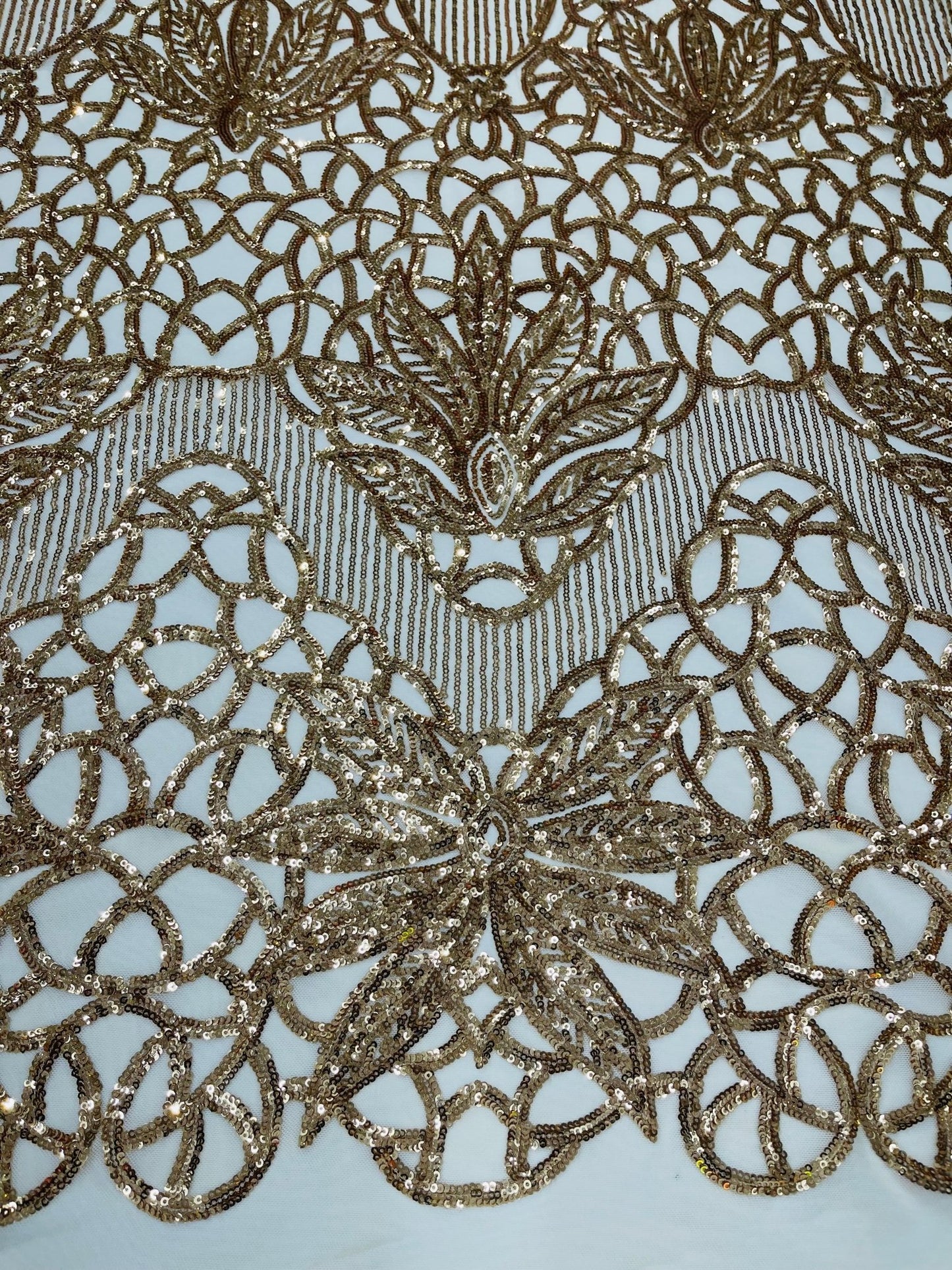 Feather Damask Shiny Sequin Design on a 4 Way Stretch mesh Fabric - Prom Night - Sold by The Yard. - New Creations Fabric & Foam Inc