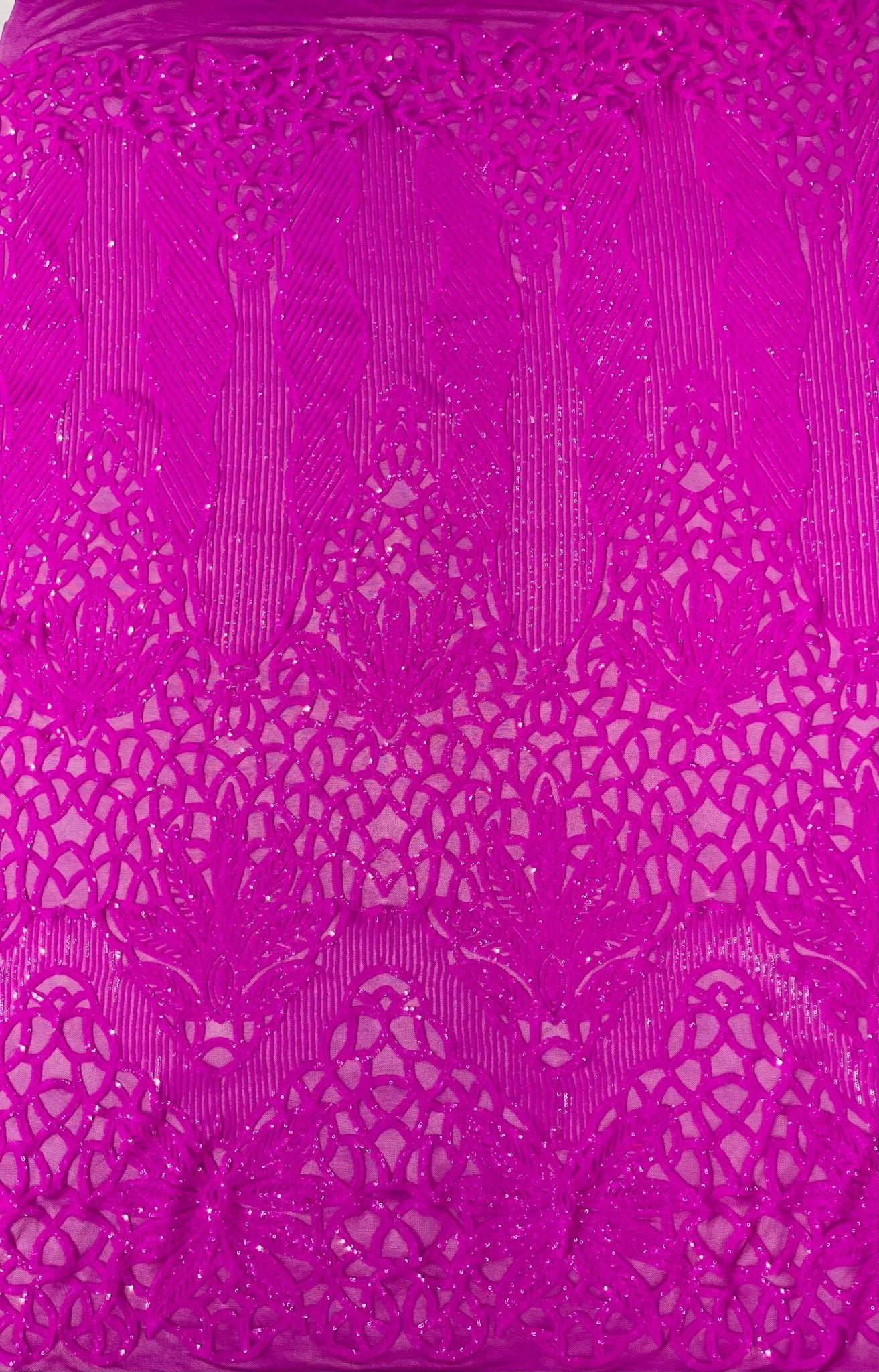 Feather Damask Shiny Sequin Design on a 4 Way Stretch mesh Fabric - Prom Night - Sold by The Yard. - New Creations Fabric & Foam Inc