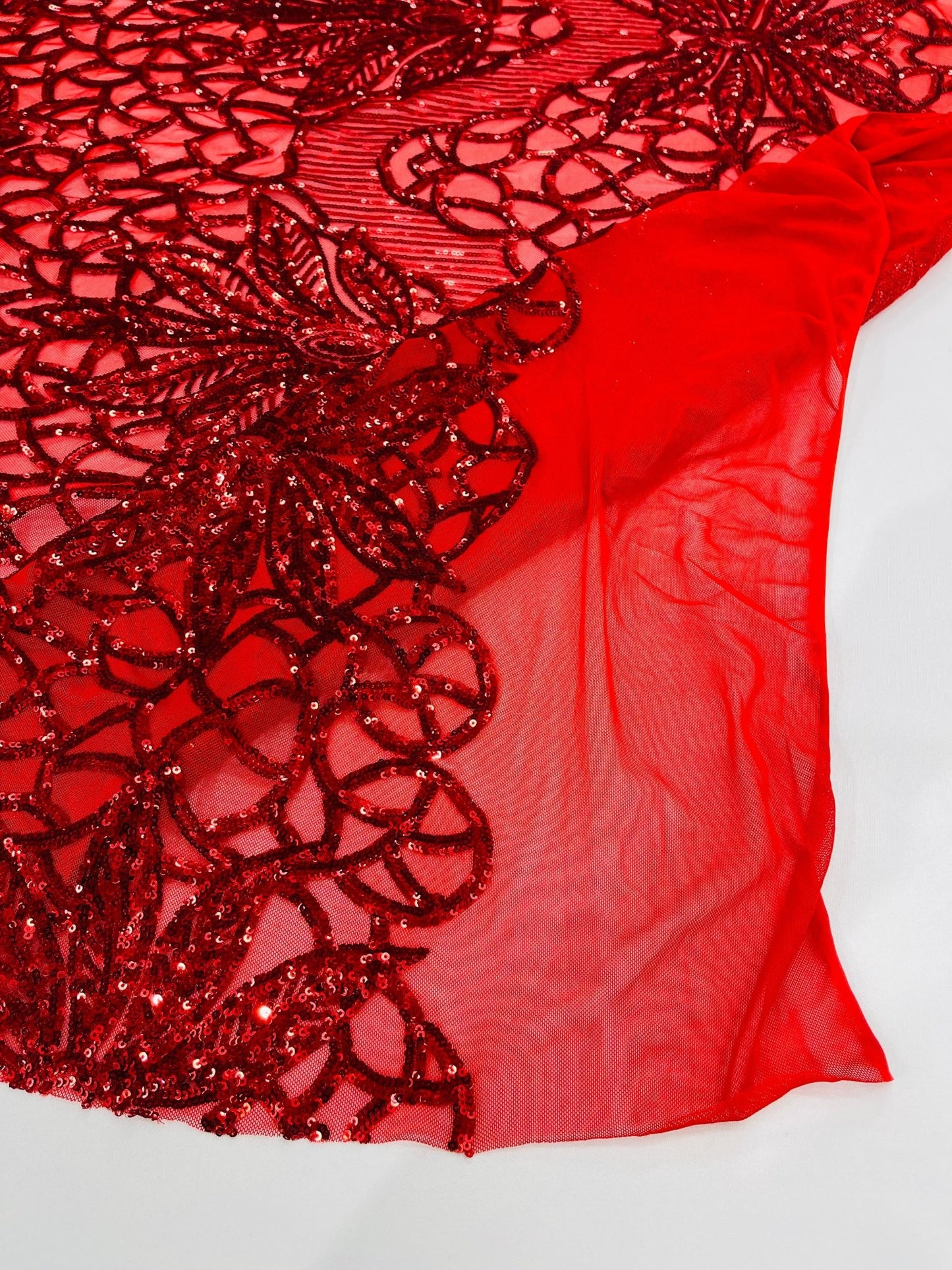 Feather Damask Shiny Sequin Design on a 4 Way Stretch mesh Fabric - Prom Night - Sold by The Yard. - New Creations Fabric & Foam Inc