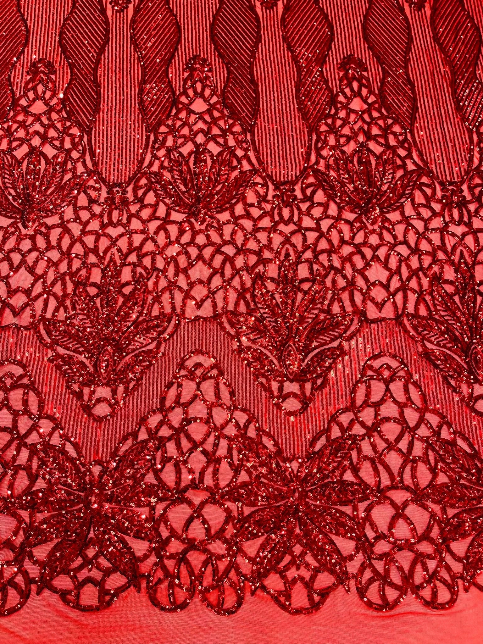 Feather Damask Shiny Sequin Design on a 4 Way Stretch mesh Fabric - Prom Night - Sold by The Yard. - New Creations Fabric & Foam Inc