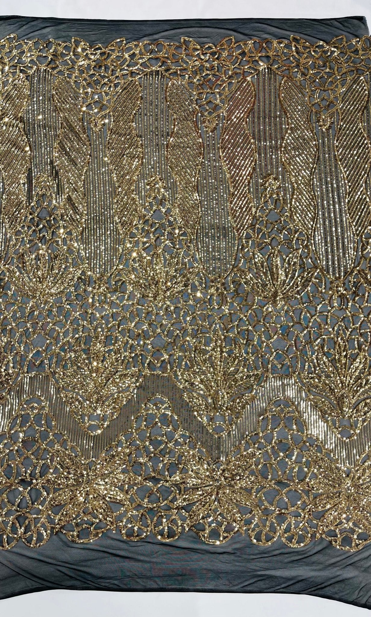Feather Damask Shiny Sequin Design on a 4 Way Stretch mesh Fabric - Prom Night - Sold by The Yard. - New Creations Fabric & Foam Inc