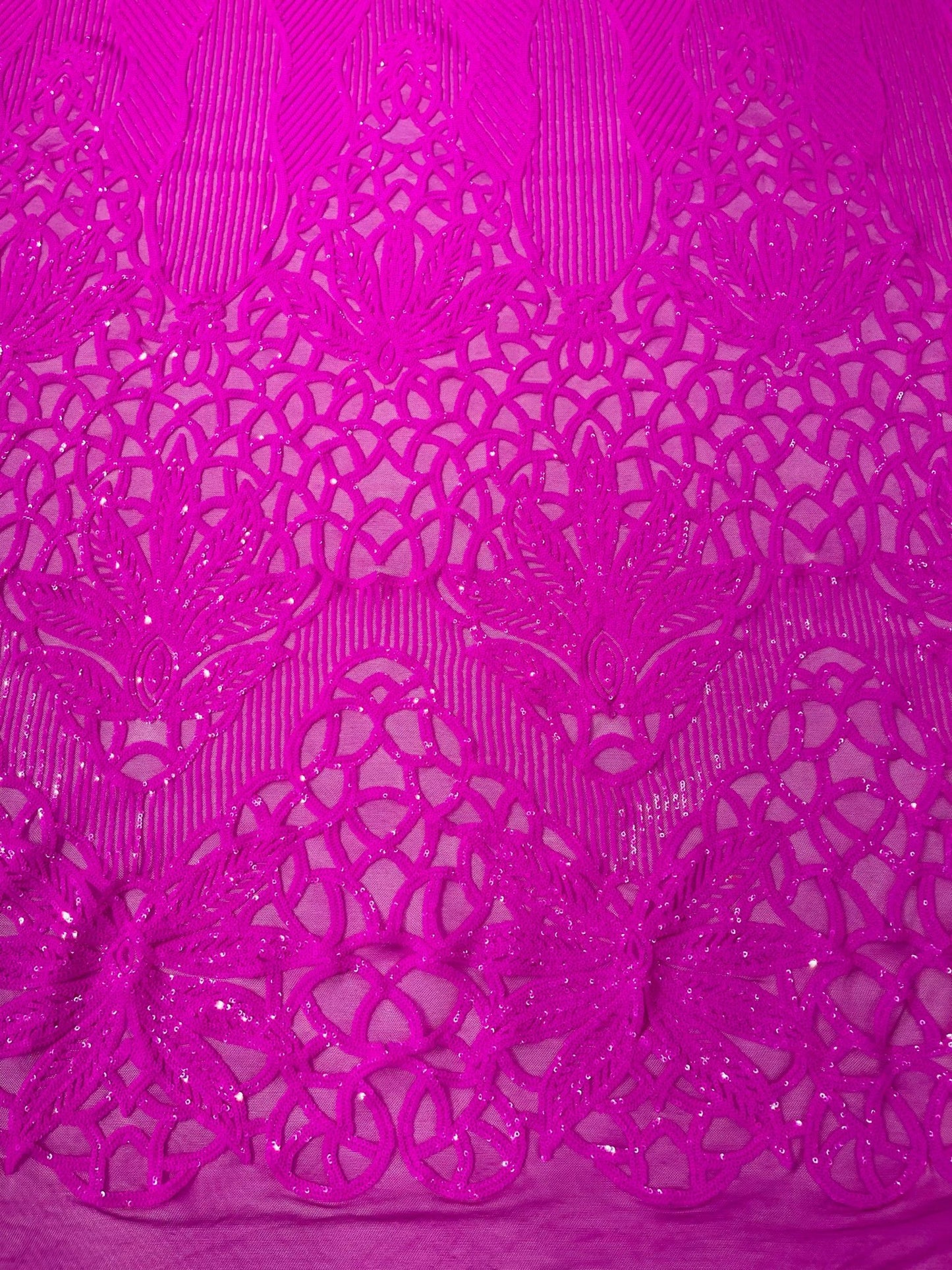 Feather Damask Shiny Sequin Design on a 4 Way Stretch mesh Fabric - Prom Night - Sold by The Yard. - New Creations Fabric & Foam Inc