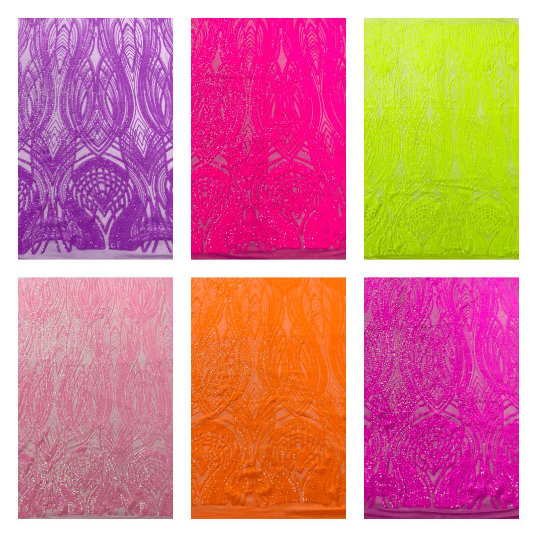 Feather damask shiny sequin design on a 4 way stretch mesh Fabric - prom - sold by the yard. - New Creations Fabric & Foam Inc