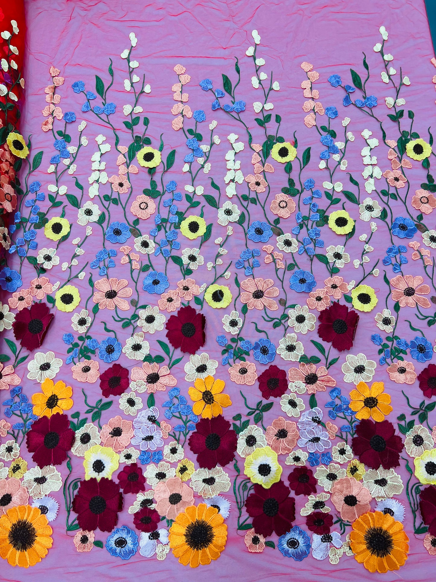 Multi color Sun flower 3d design embroider in a mesh lace-sold by the yard.