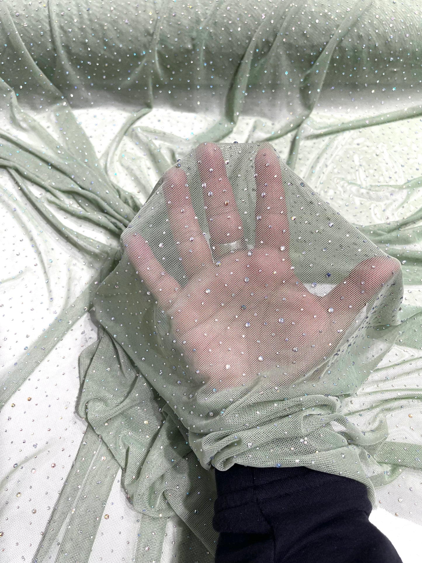 Sheer All Over AB Rhinestones On Stretch Power Mesh Fabric, Dancewear- Sold By The Yard.