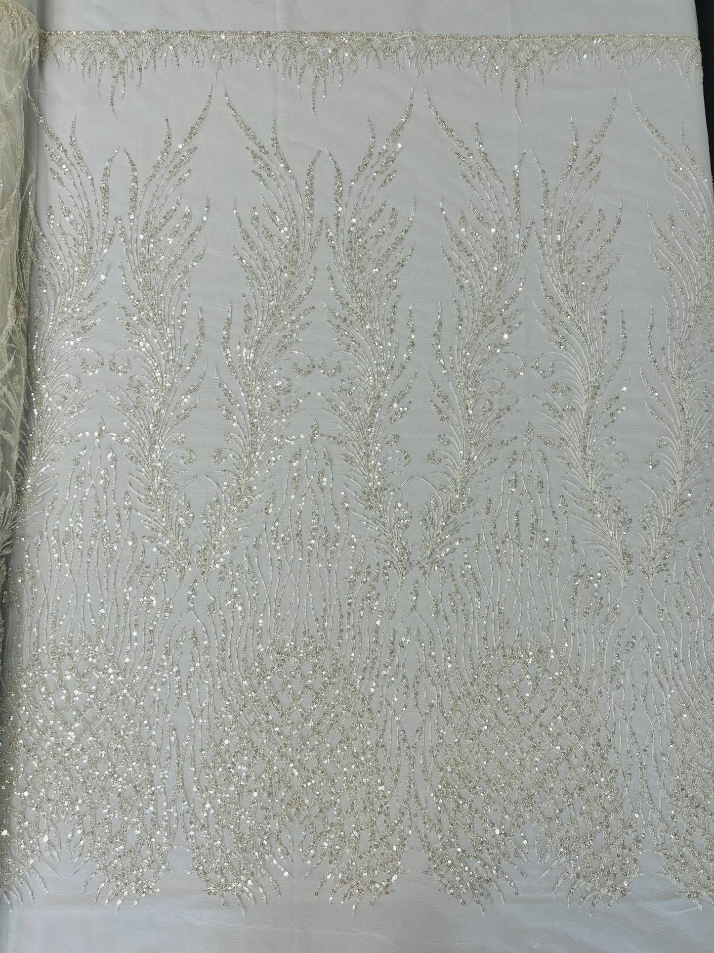 Wing Feather Damask Beaded Lace 54" Wide | New Creations Fabric & Foam Inc.