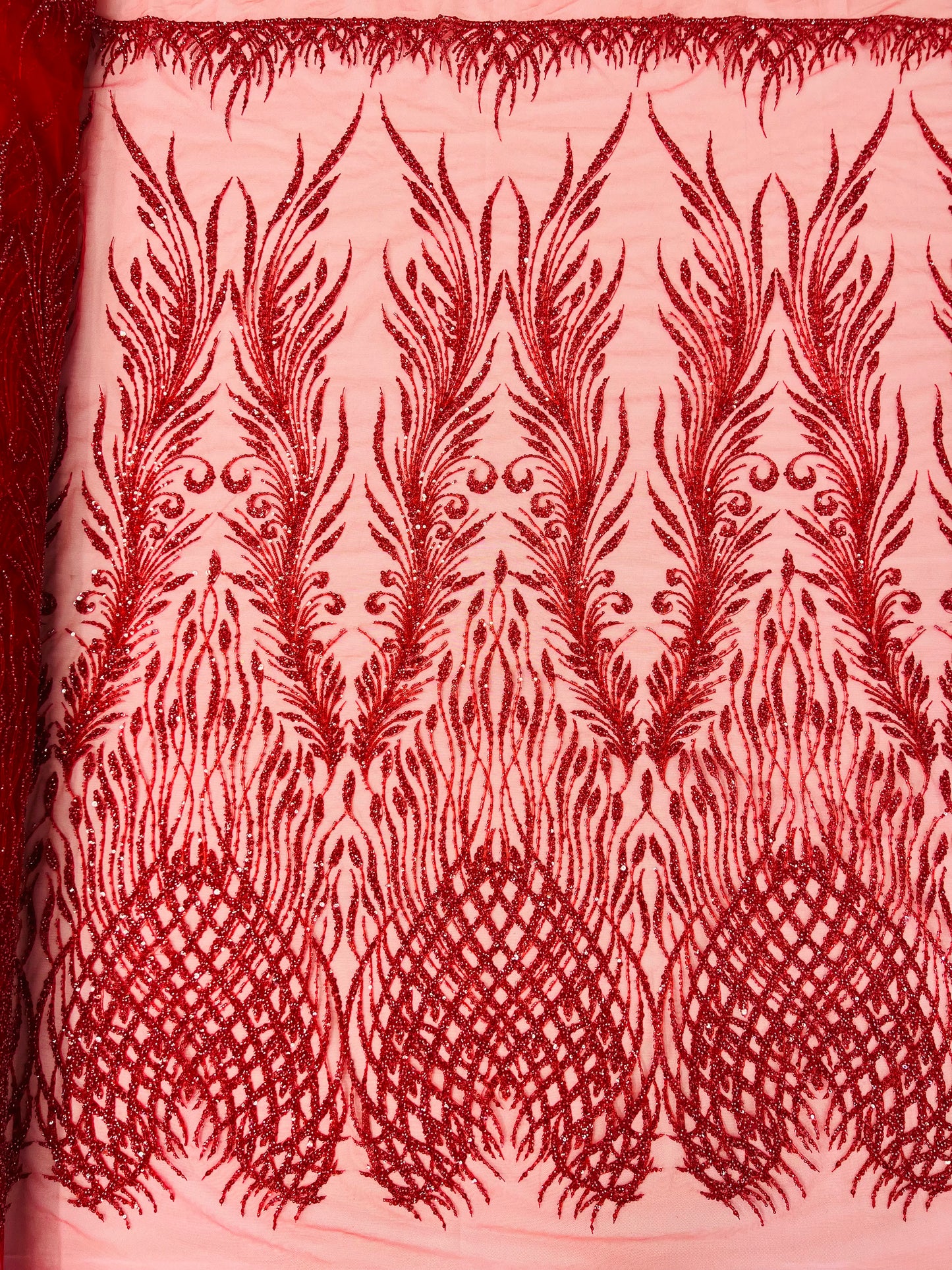 Wing Feather Damask Beaded Lace 54" Wide | New Creations Fabric & Foam Inc.