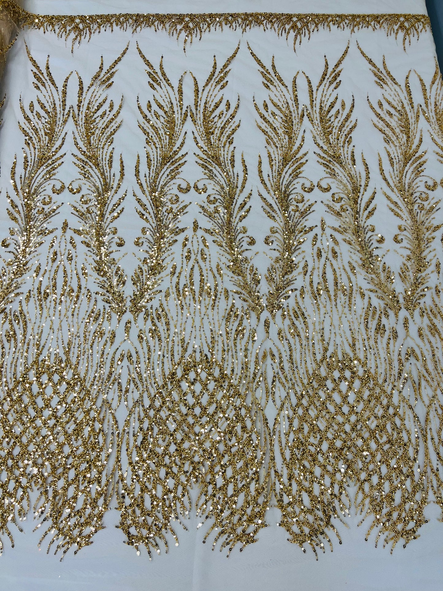 Wing Feather Damask Beaded Lace 54" Wide | New Creations Fabric & Foam Inc.
