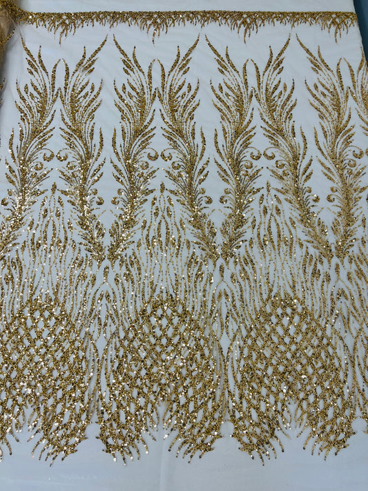 Wing Feather Damask Beaded Lace 54" Wide | New Creations Fabric & Foam Inc.