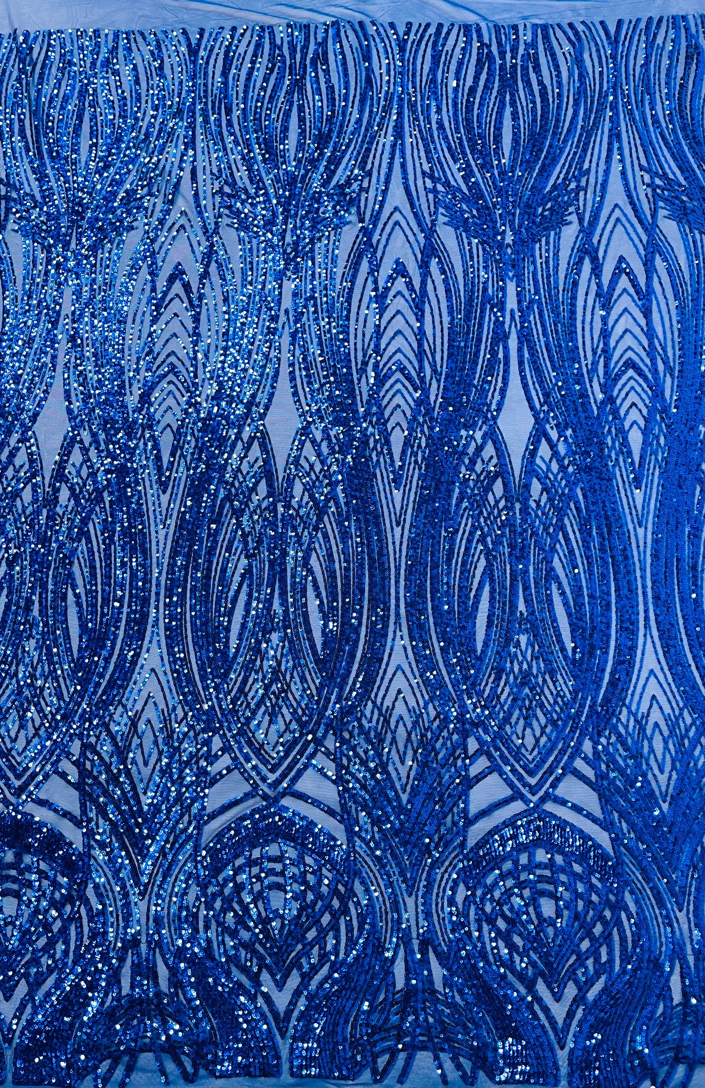 Feather damask shiny sequin design on a 4 way stretch mesh| New Creations Fabric & Foam Inc.