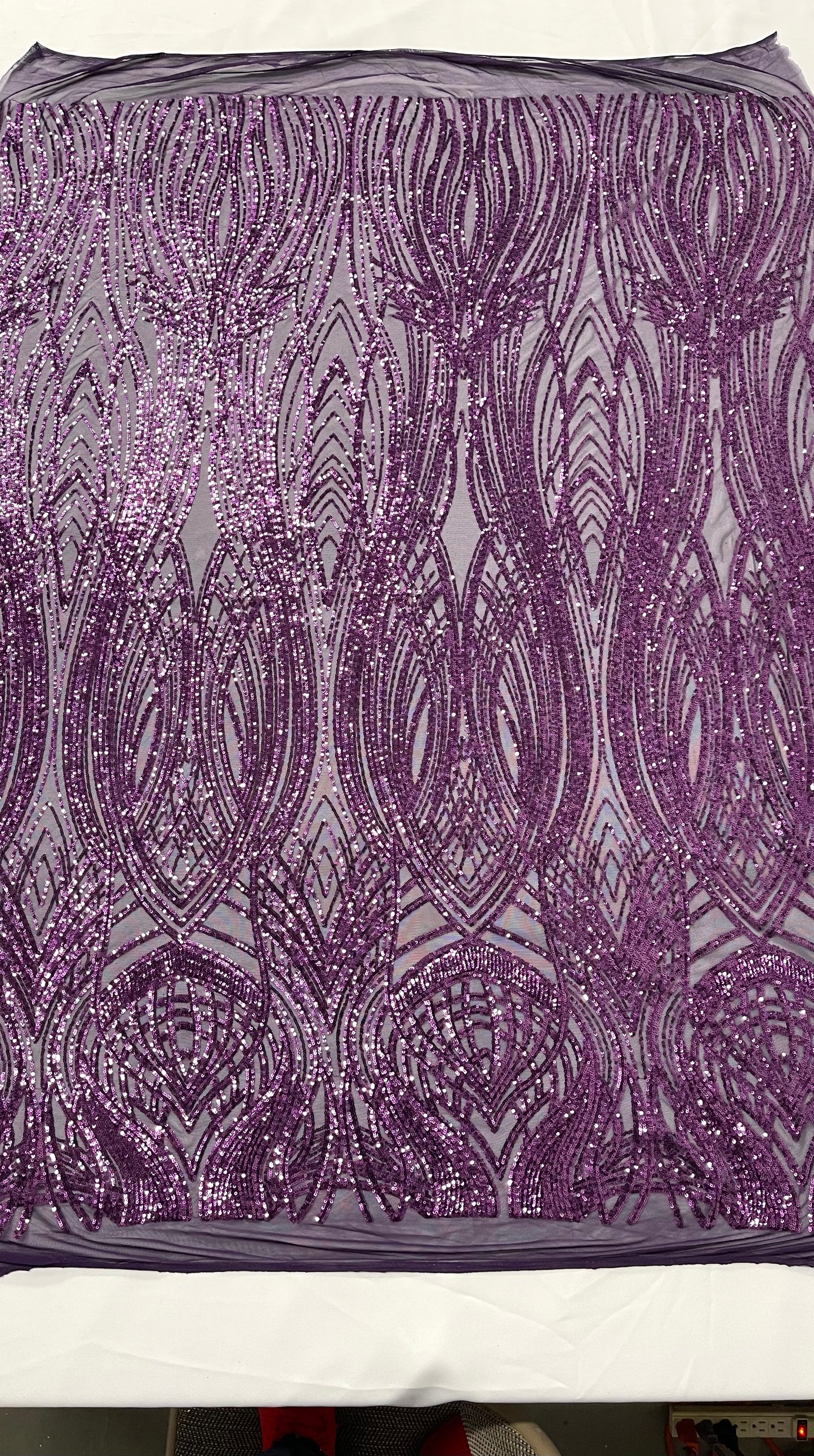 Feather damask shiny sequin design on a 4 way stretch mesh| New Creations Fabric & Foam Inc.