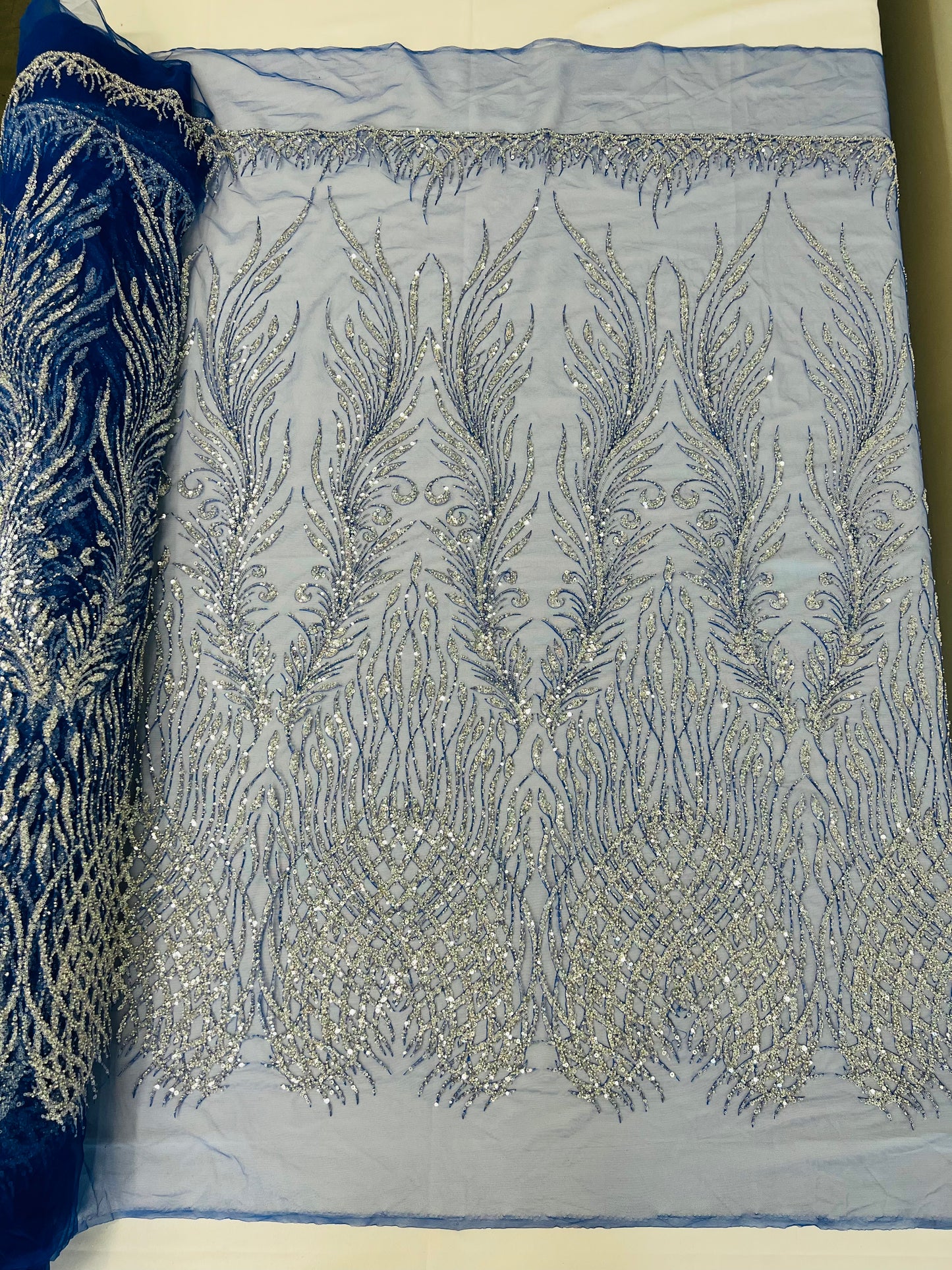 Wing Feather Damask Beaded Lace 54" Wide | New Creations Fabric & Foam Inc.