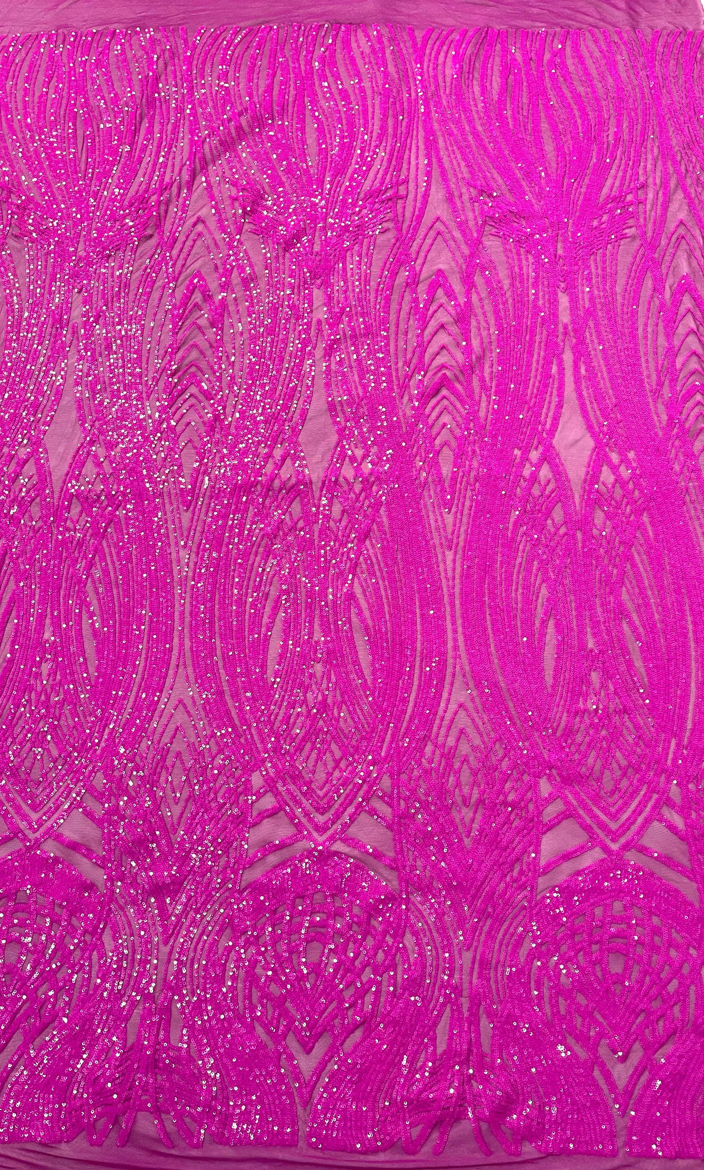 Feather damask shiny sequin design on a 4 way stretch mesh| New Creations Fabric & Foam Inc.