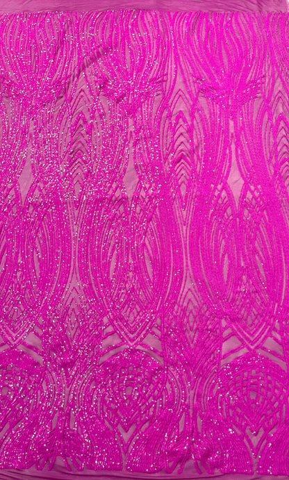 Feather damask shiny sequin design on a 4 way stretch mesh| New Creations Fabric & Foam Inc.