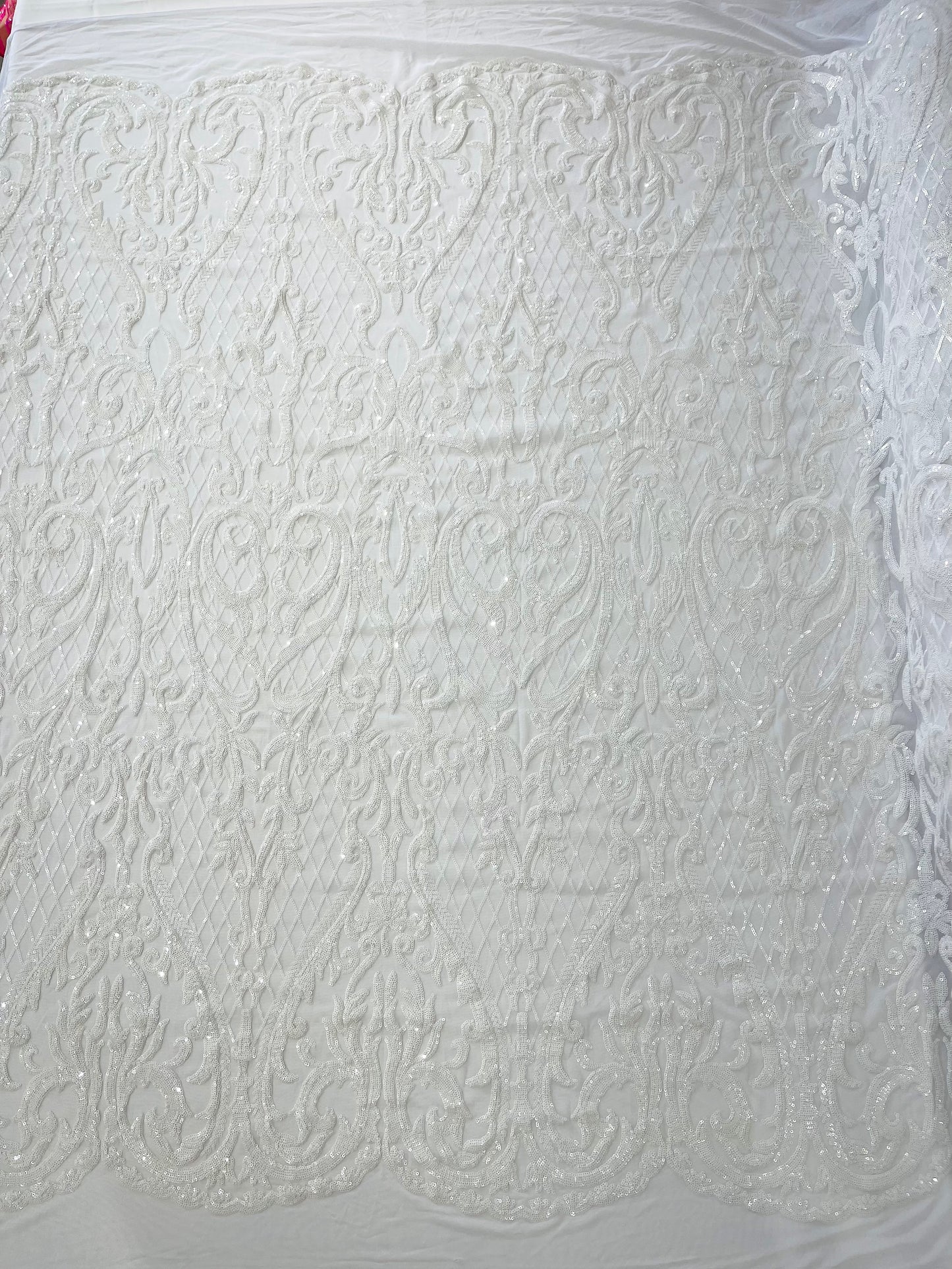 Heart Sequin Damask Fabric 54” Wide| New Creations Fabric & Foam Inc.