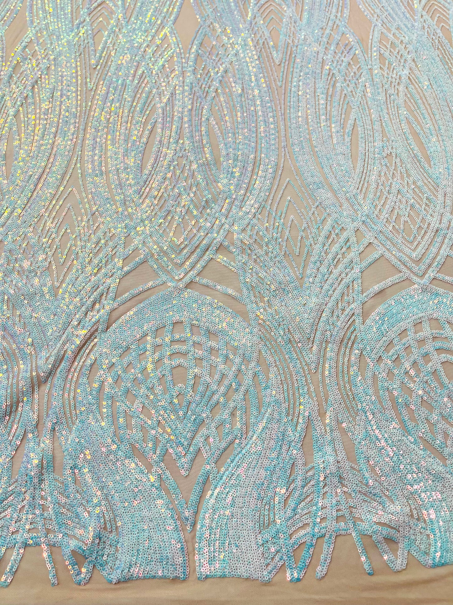 Feather damask shiny sequin design on a 4 way stretch mesh| New Creations Fabric & Foam Inc.