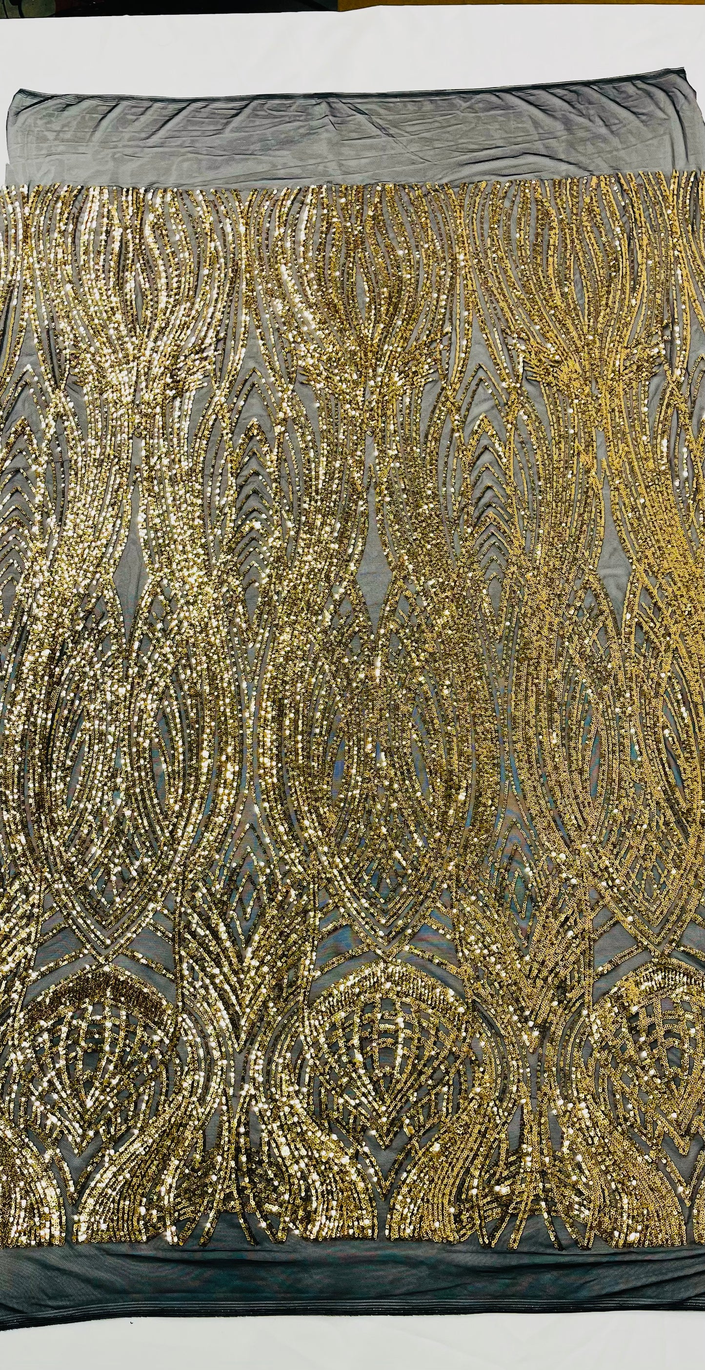Feather damask shiny sequin design on a 4 way stretch mesh| New Creations Fabric & Foam Inc.