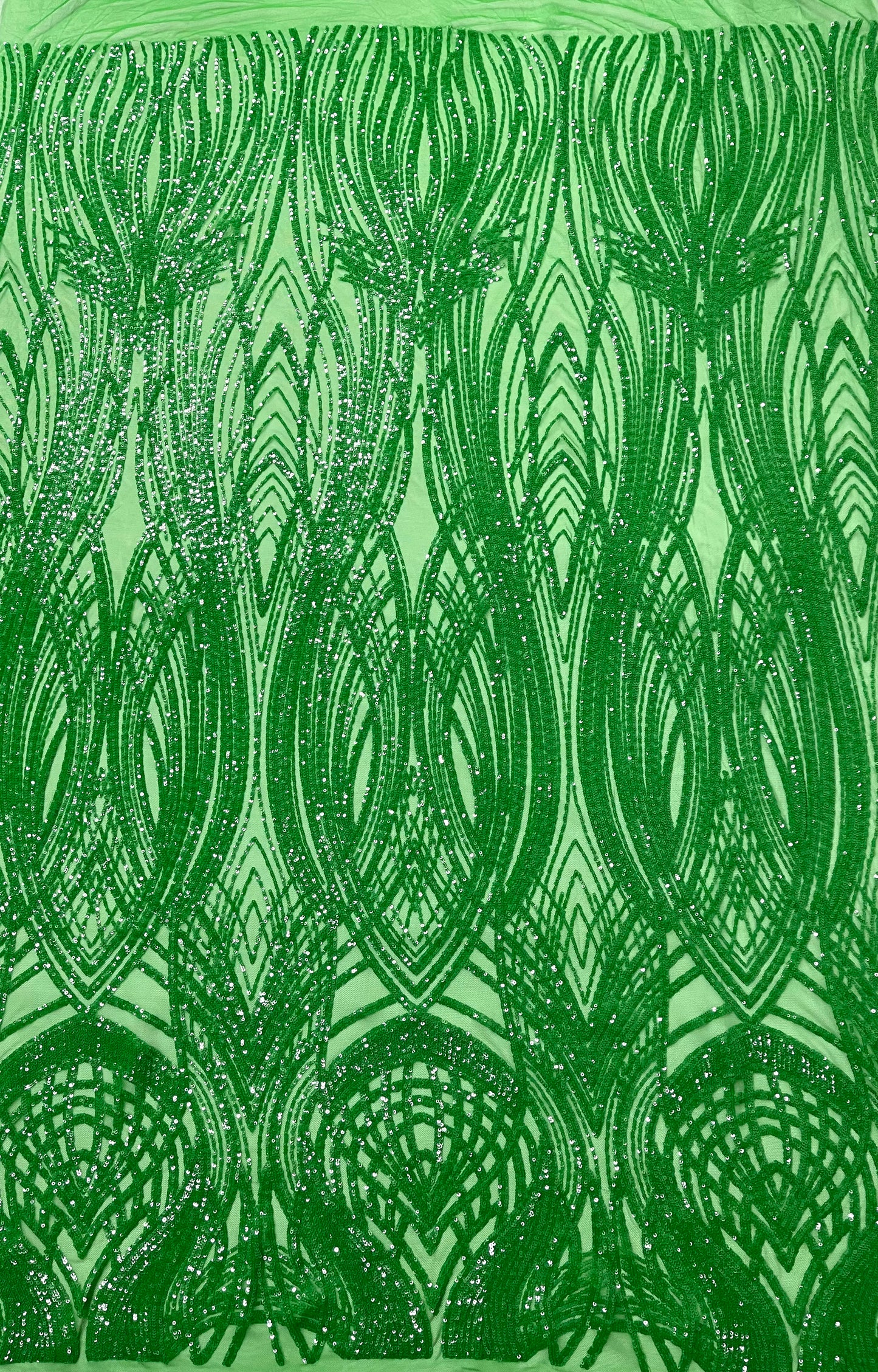 Feather damask shiny sequin design on a 4 way stretch mesh| New Creations Fabric & Foam Inc.