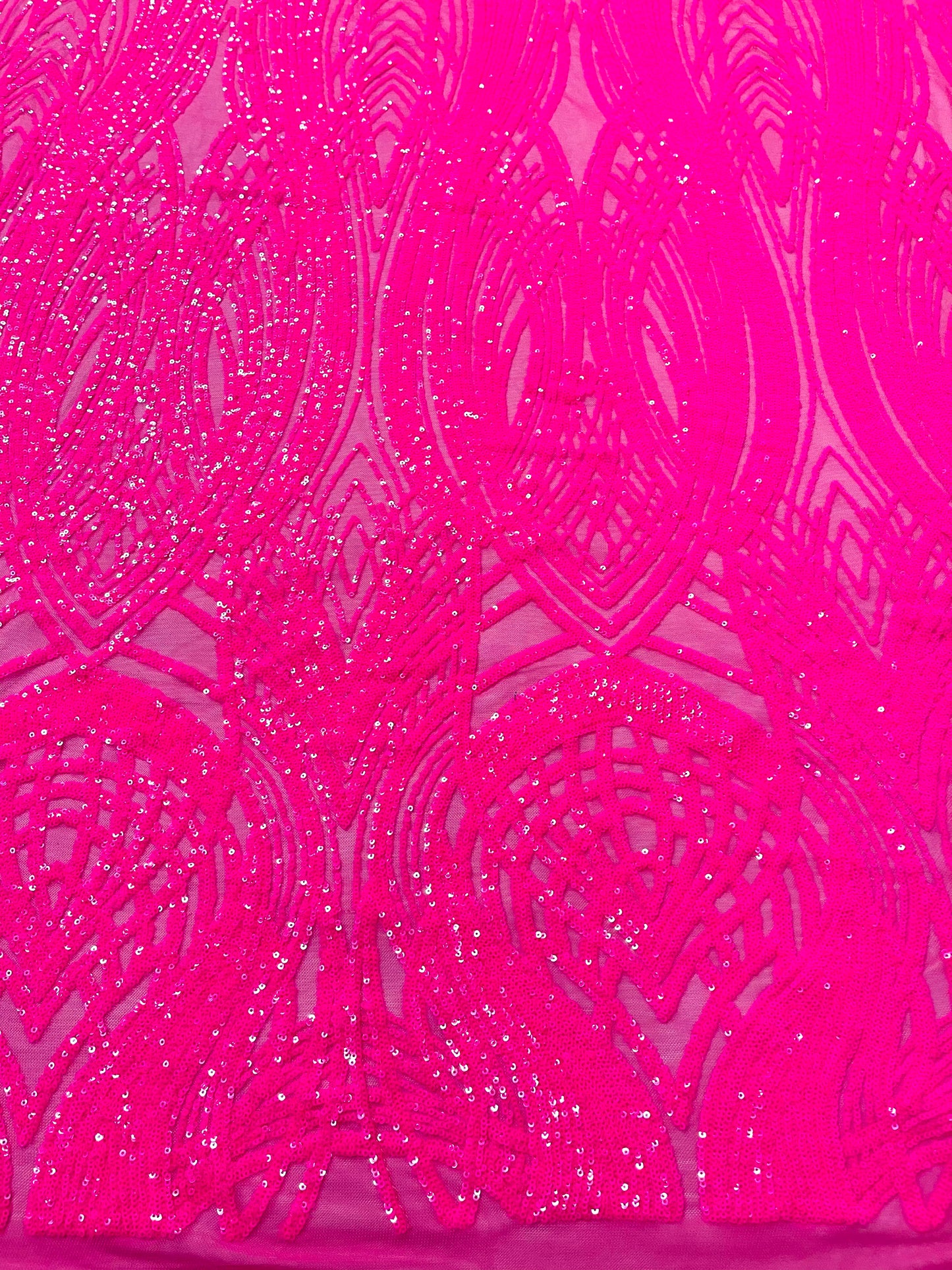 Feather damask shiny sequin design on a 4 way stretch mesh| New Creations Fabric & Foam Inc.