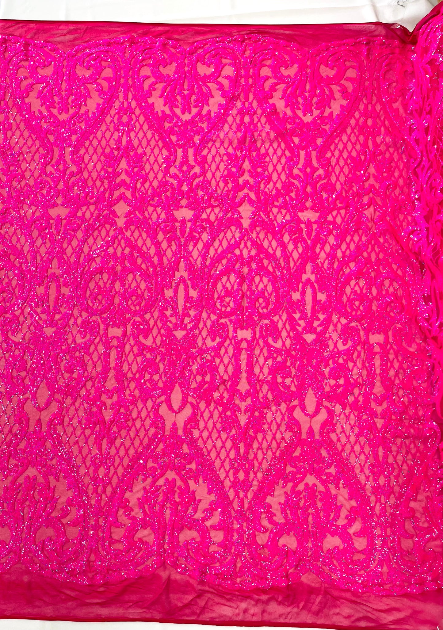 Heart Sequin Damask Fabric 54” Wide| New Creations Fabric & Foam Inc.