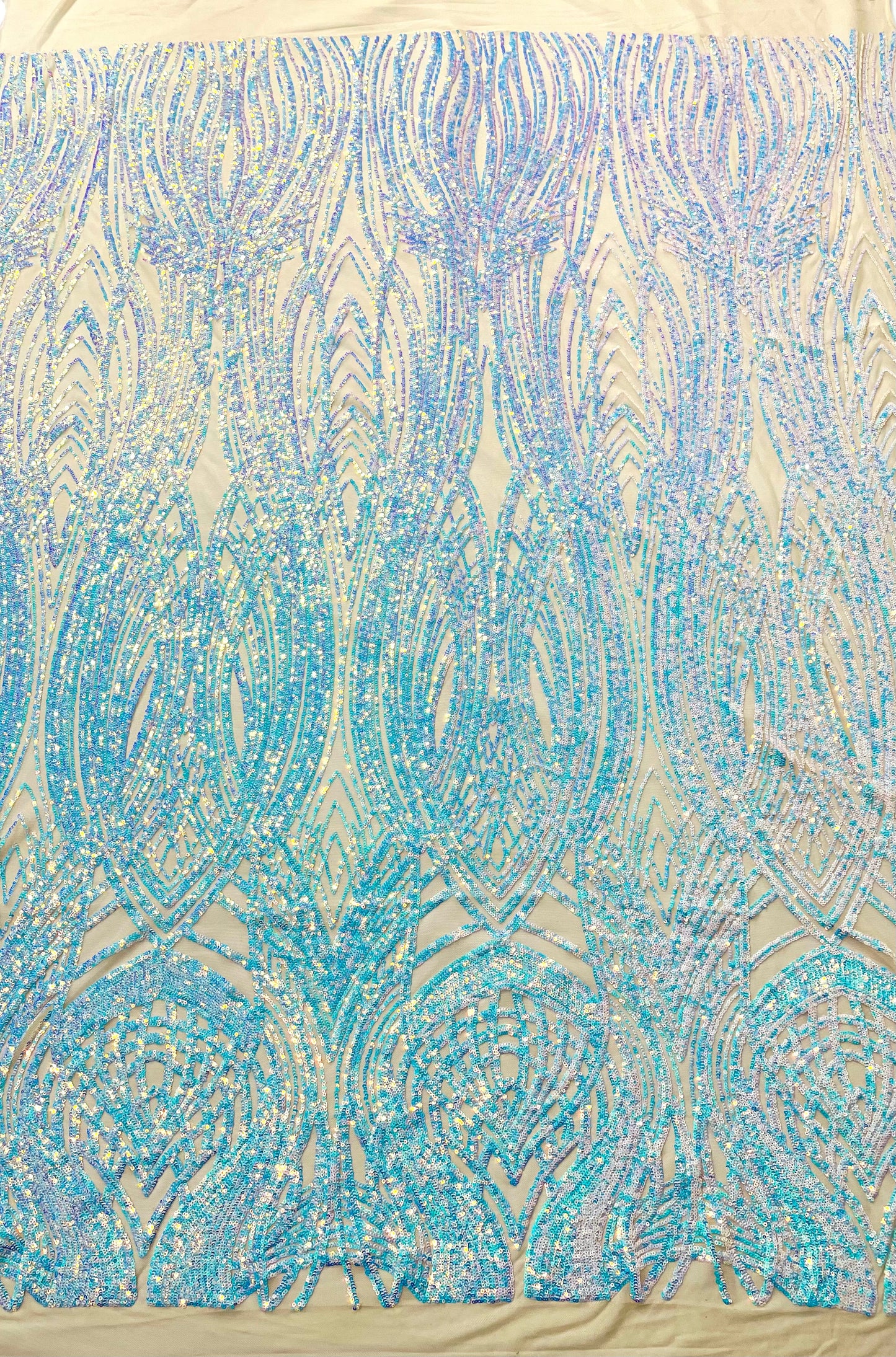 Feather damask shiny sequin design on a 4 way stretch mesh| New Creations Fabric & Foam Inc.