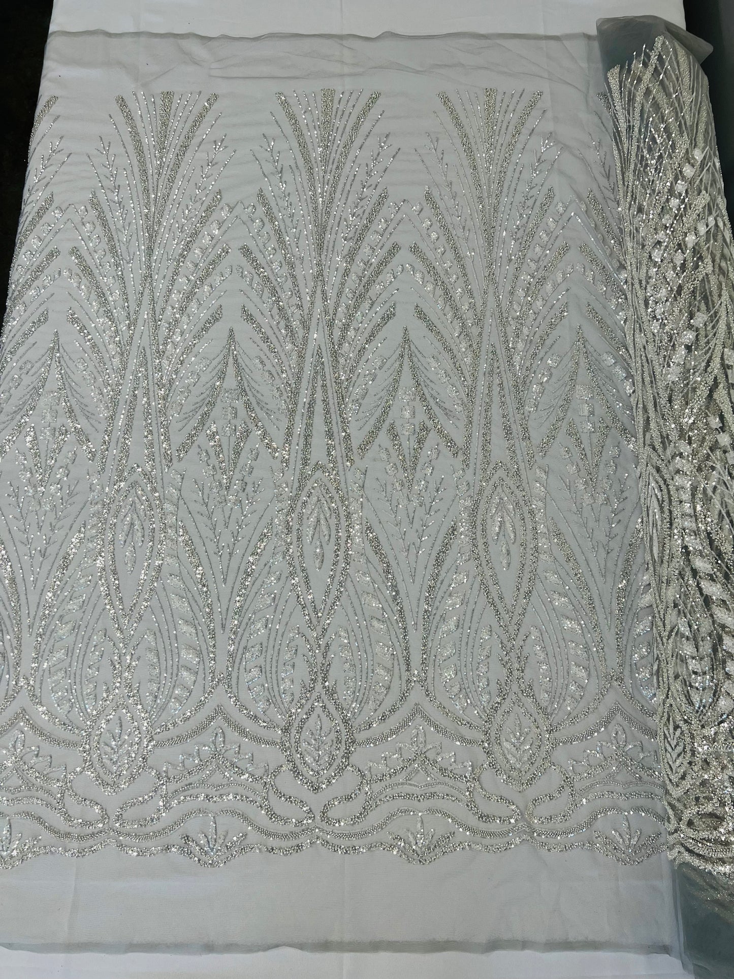 Heavy Beaded Damask Lace 54" Wide| New Creations Fabric & Foam Inc.