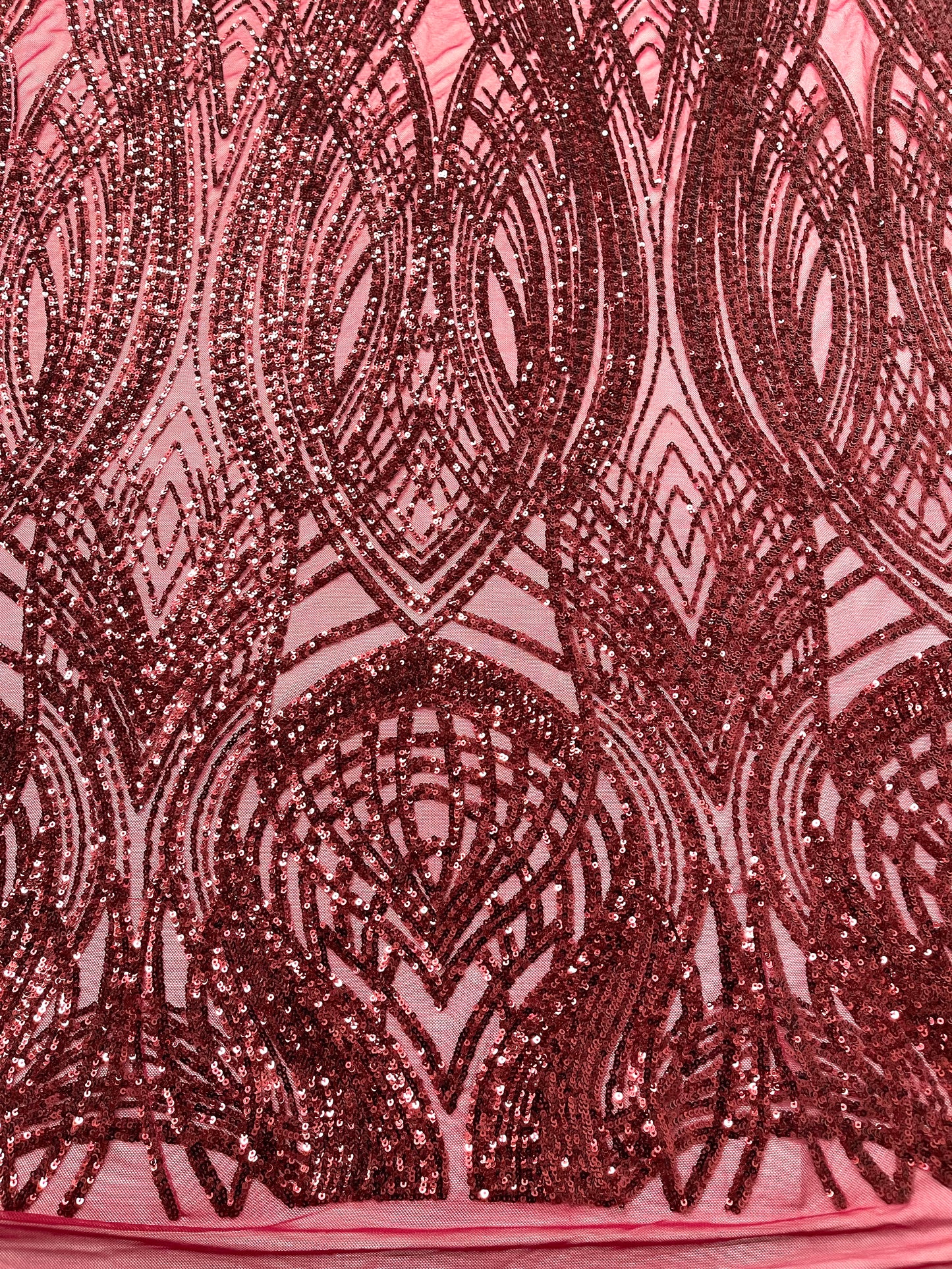 Feather damask shiny sequin design on a 4 way stretch mesh| New Creations Fabric & Foam Inc.