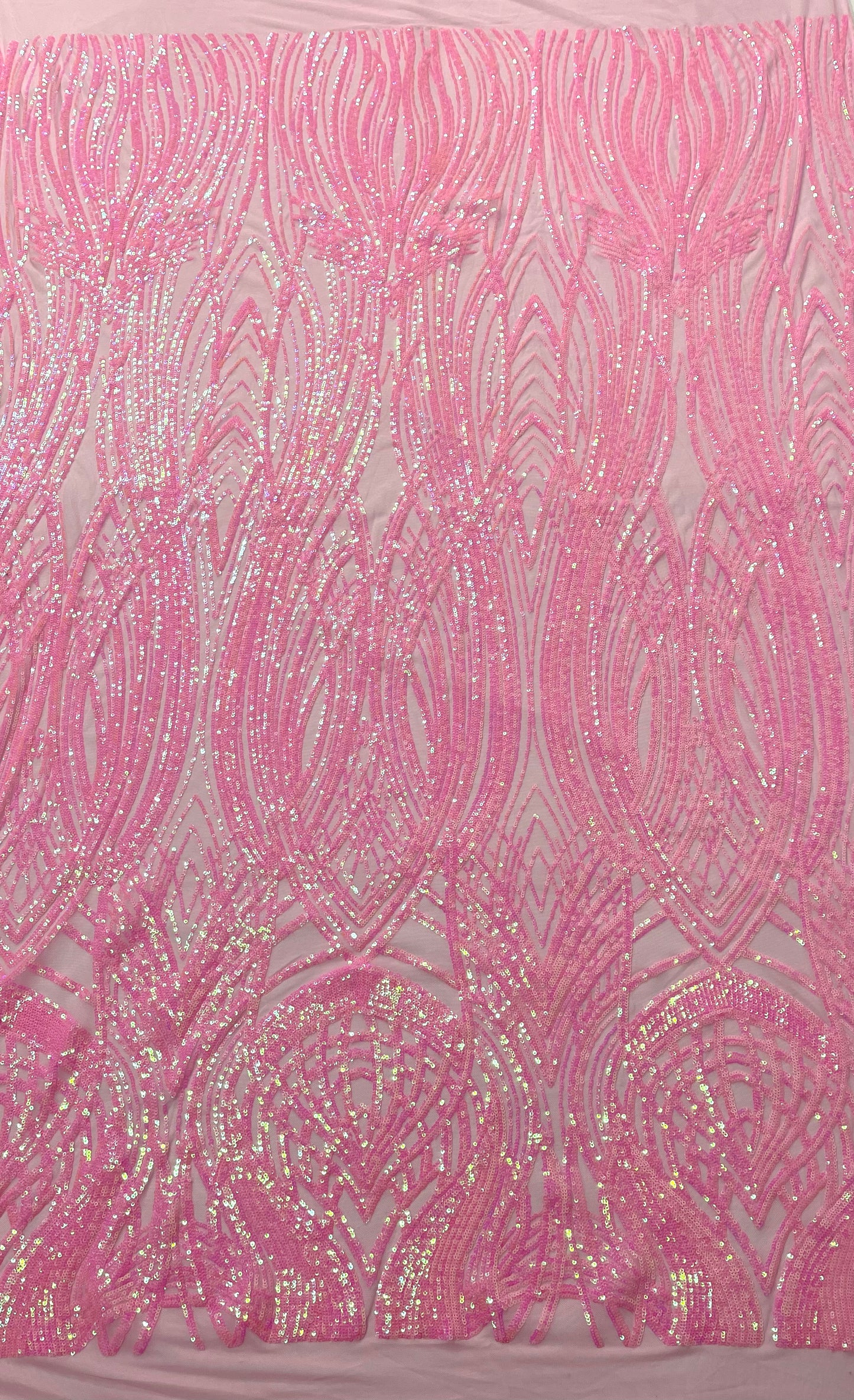 Feather damask shiny sequin design on a 4 way stretch mesh| New Creations Fabric & Foam Inc.