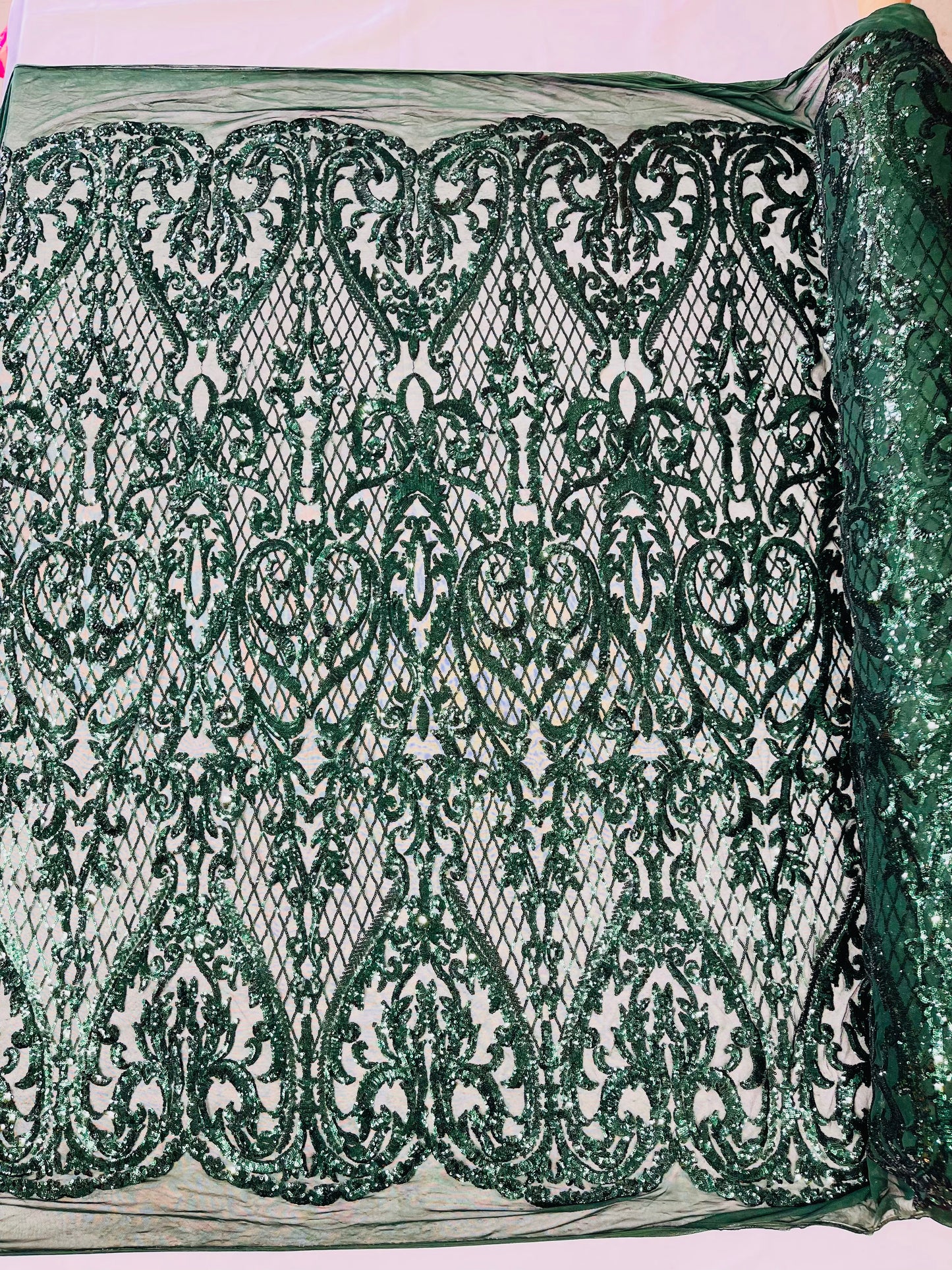 Heart Sequin Damask Fabric 54” Wide| New Creations Fabric & Foam Inc.