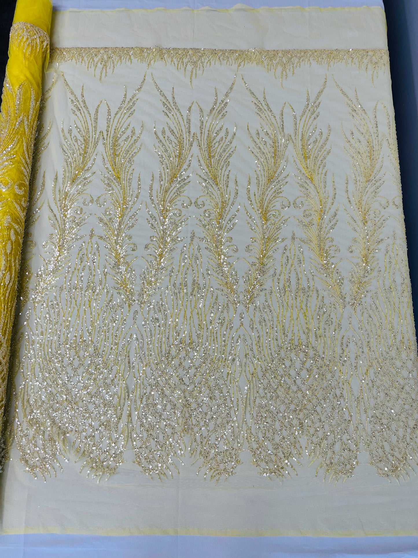 Wing Feather Damask Beaded Lace 54" Wide | New Creations Fabric & Foam Inc.