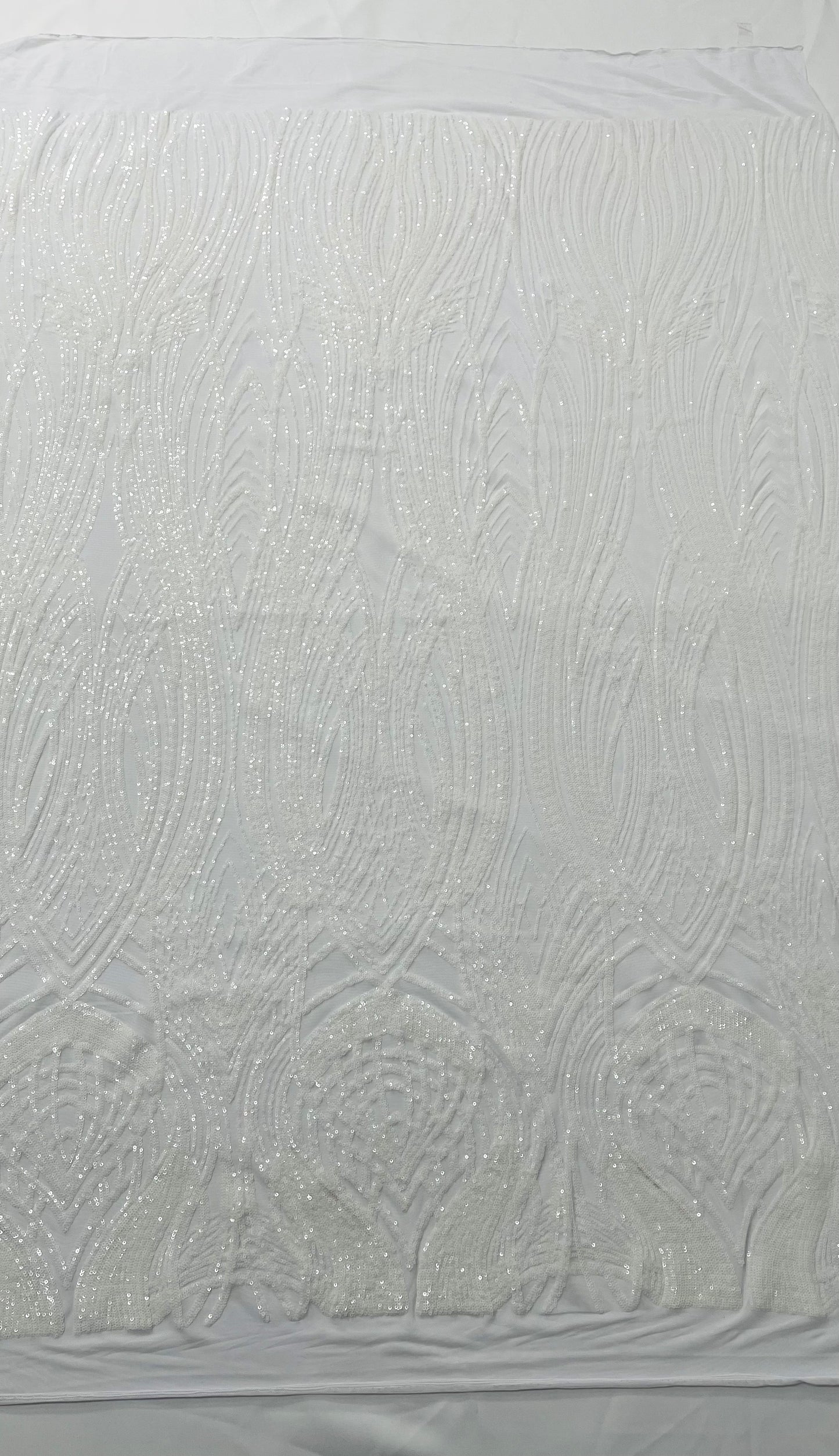 Feather damask shiny sequin design on a 4 way stretch mesh| New Creations Fabric & Foam Inc.