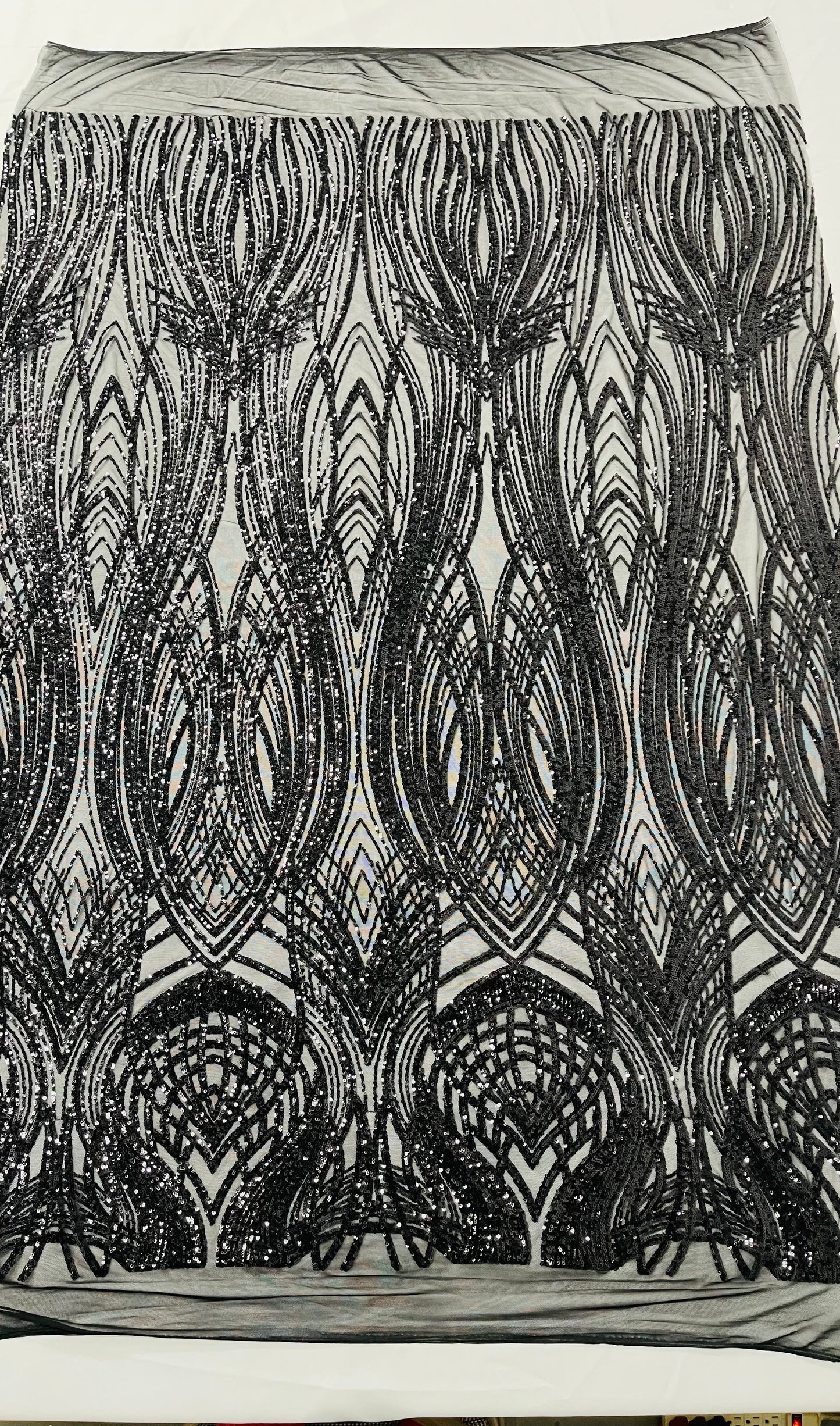 Feather damask shiny sequin design on a 4 way stretch mesh| New Creations Fabric & Foam Inc.