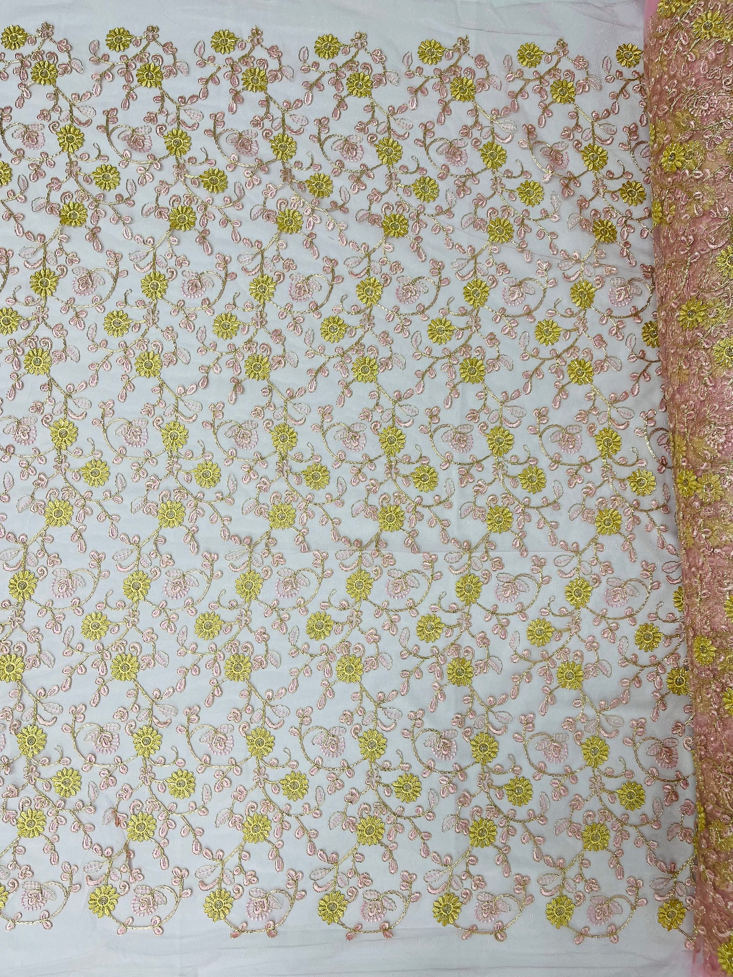 Daisy multi color gold metallic floral design embroider on a red mesh lace-dresses-sold by the yard.