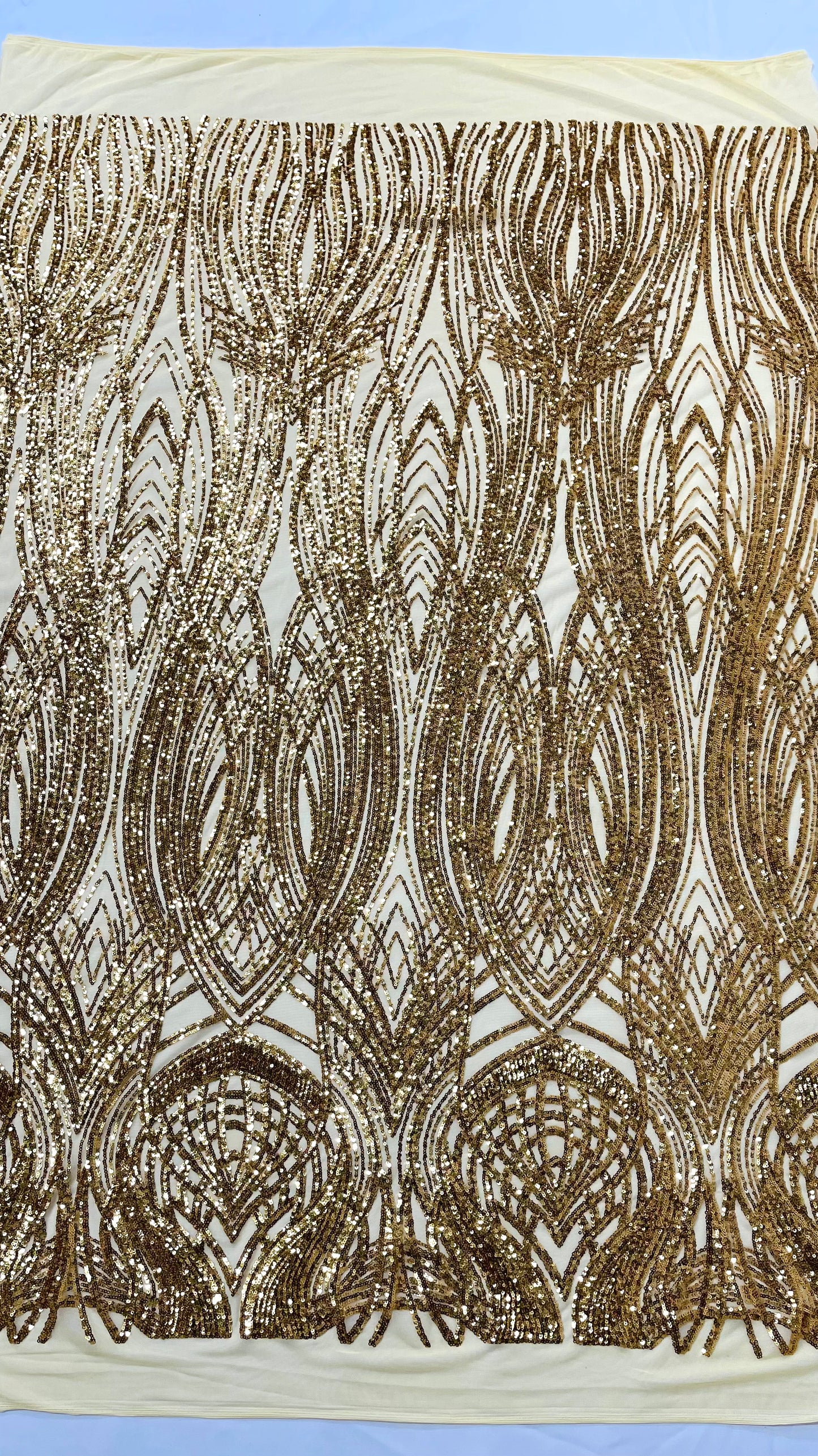 Feather damask shiny sequin design on a 4 way stretch mesh| New Creations Fabric & Foam Inc.