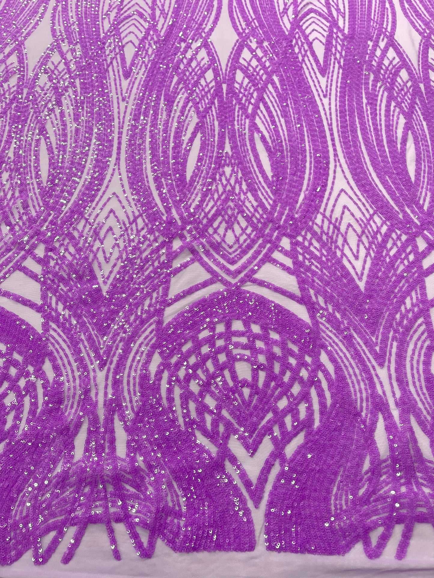 Feather damask shiny sequin design on a 4 way stretch mesh| New Creations Fabric & Foam Inc.