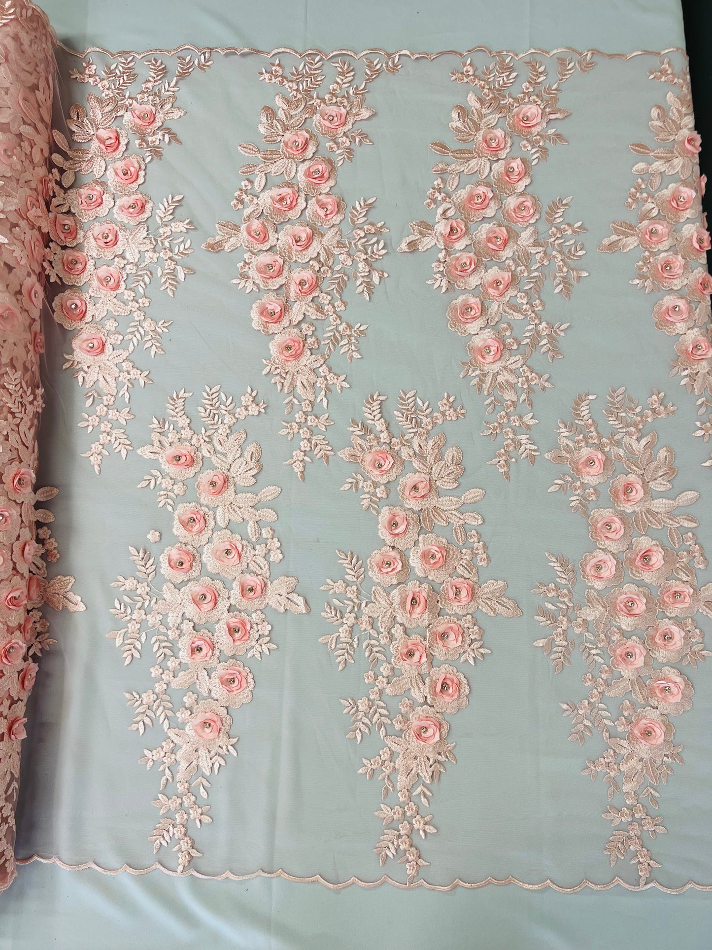 Rosa 3d Floral Design With Rhinestones 54" Wide| New Creations Fabric & Foam Inc.