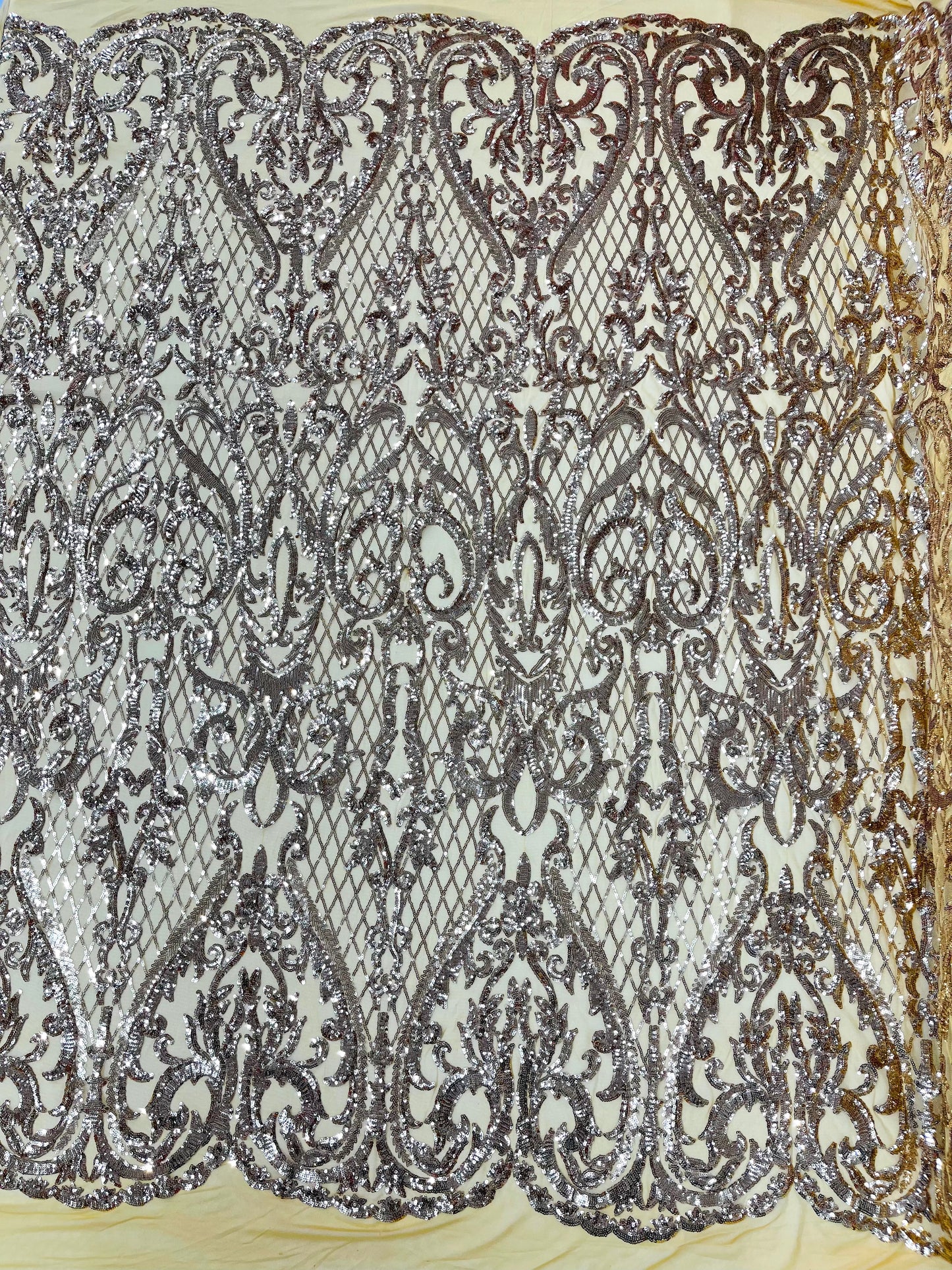 Heart Sequin Damask Fabric 54” Wide| New Creations Fabric & Foam Inc.