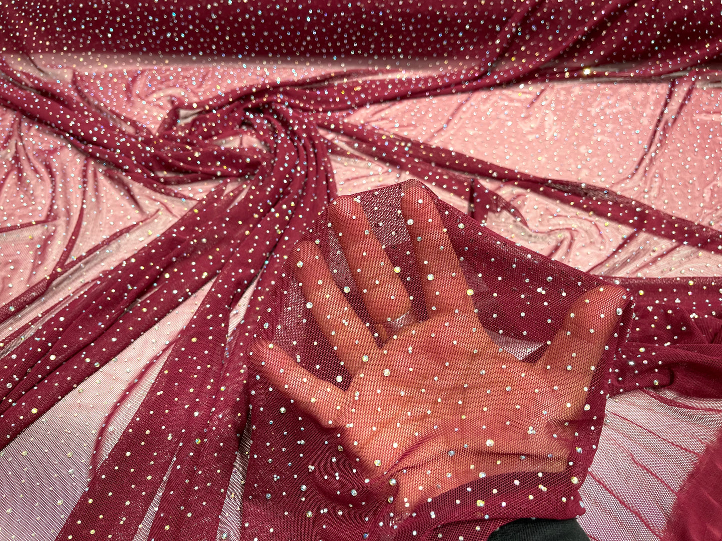 Sheer All Over AB Rhinestones On Stretch Power Mesh Fabric, Dancewear- Sold By The Yard.
