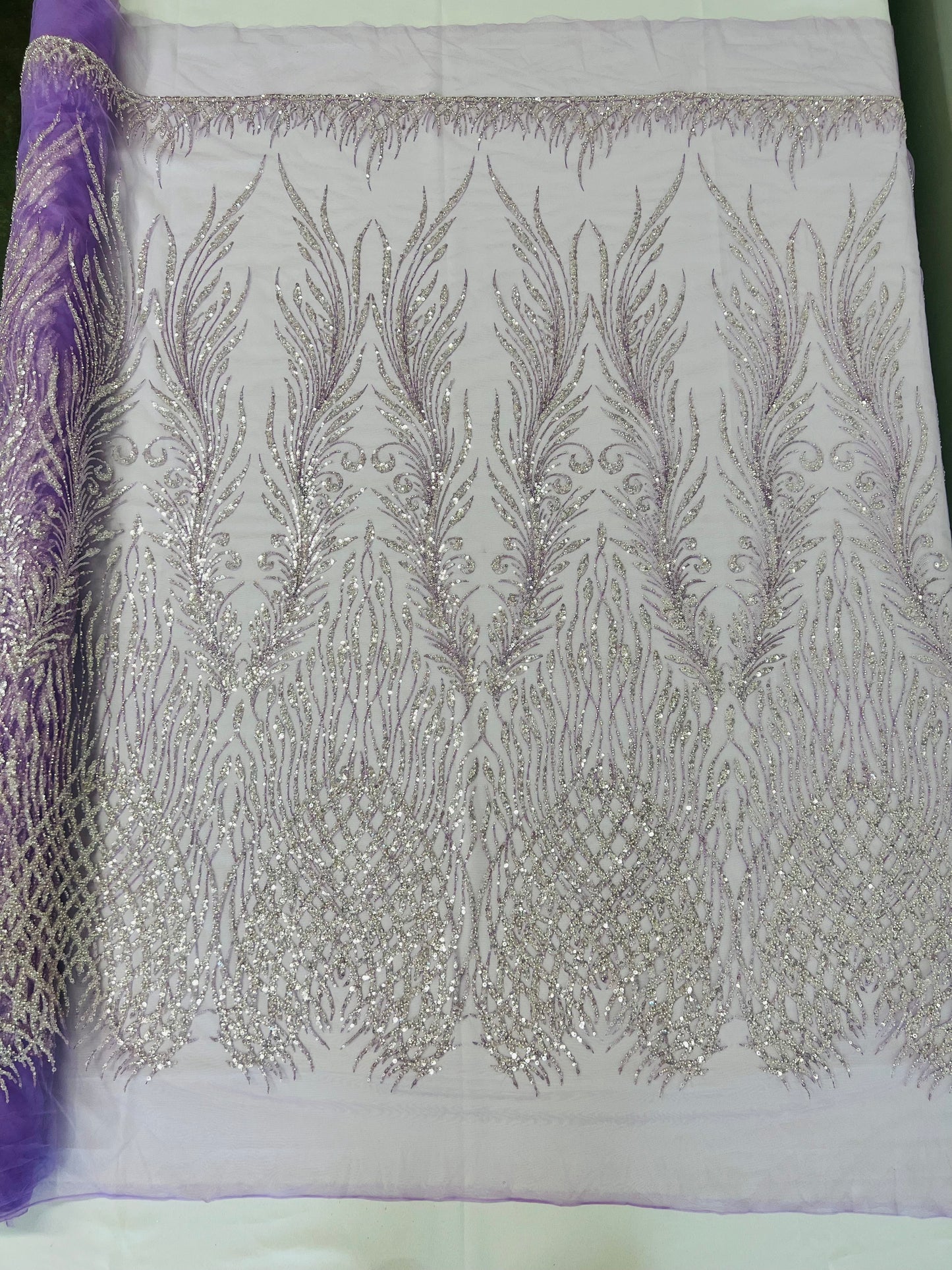 Wing Feather Damask Beaded Lace 54" Wide | New Creations Fabric & Foam Inc.