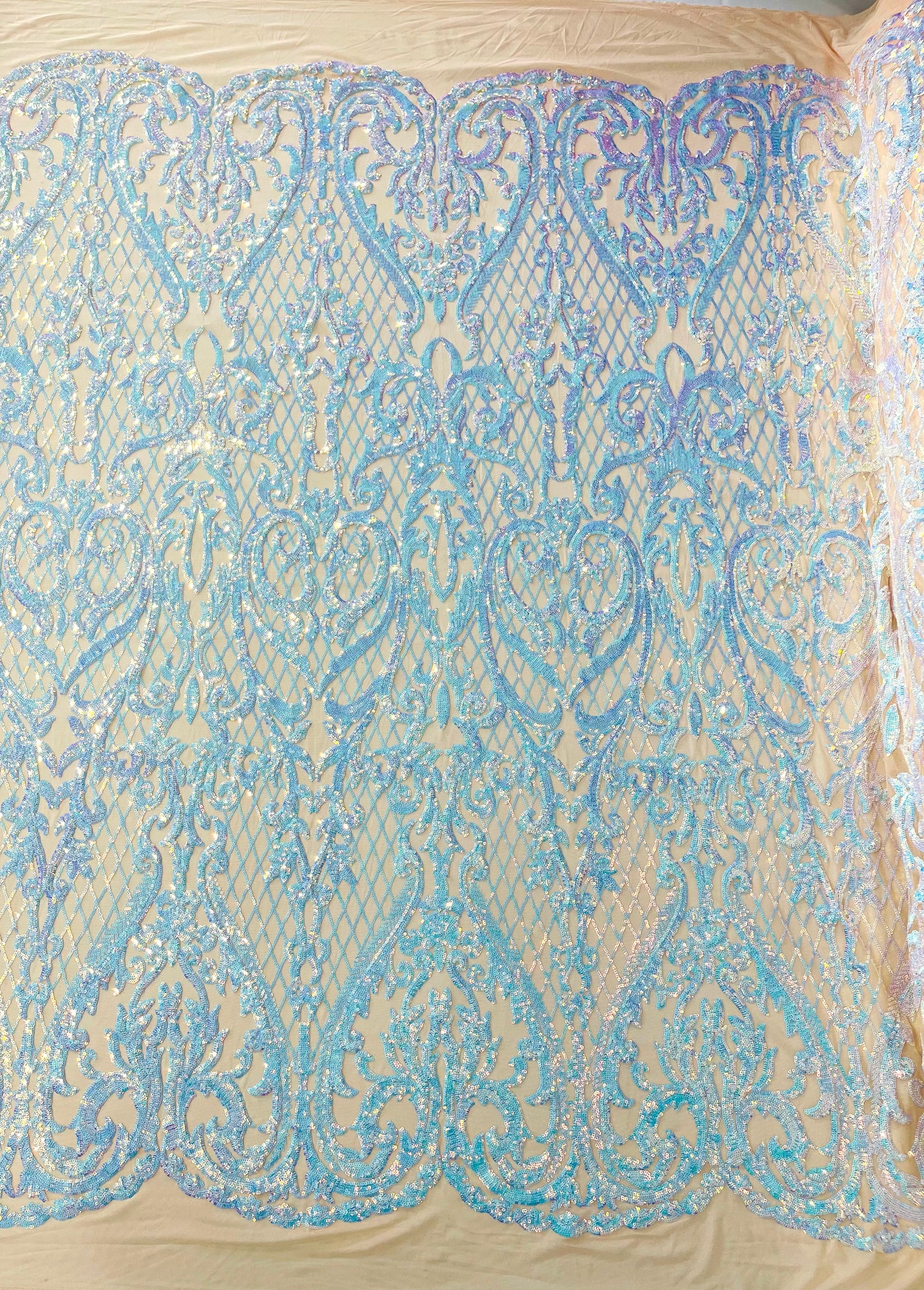Heart Sequin Damask Fabric 54” Wide| New Creations Fabric & Foam Inc.
