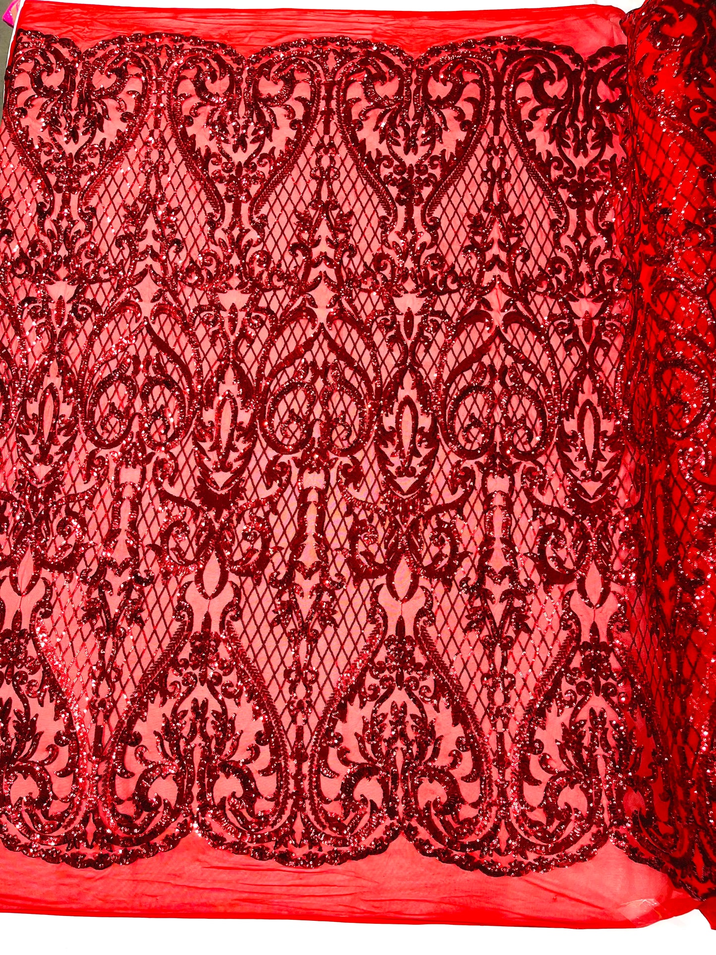 Heart Sequin Damask Fabric 54” Wide| New Creations Fabric & Foam Inc.